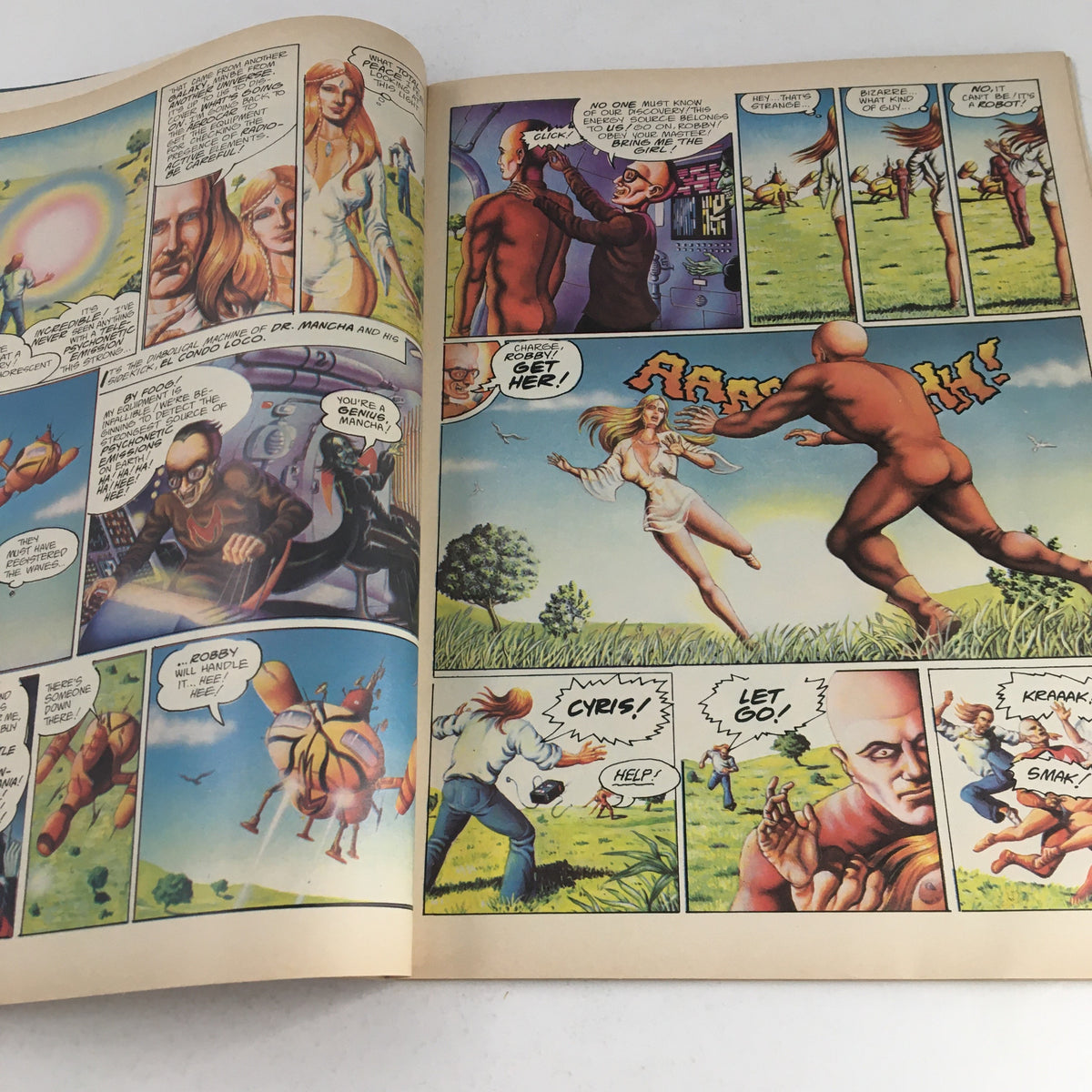 Pages from Heavy Metal Magazine December 1977 depicting colorful comic panels with action scenes, showcasing a blend of sci-fi and fantasy elements.