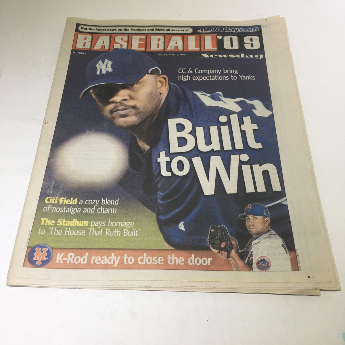 Newsday April 3 2009 cover featuring CC & Company with the headline 'Built to Win', showcasing the excitement around the Yankees and Mets baseball season.