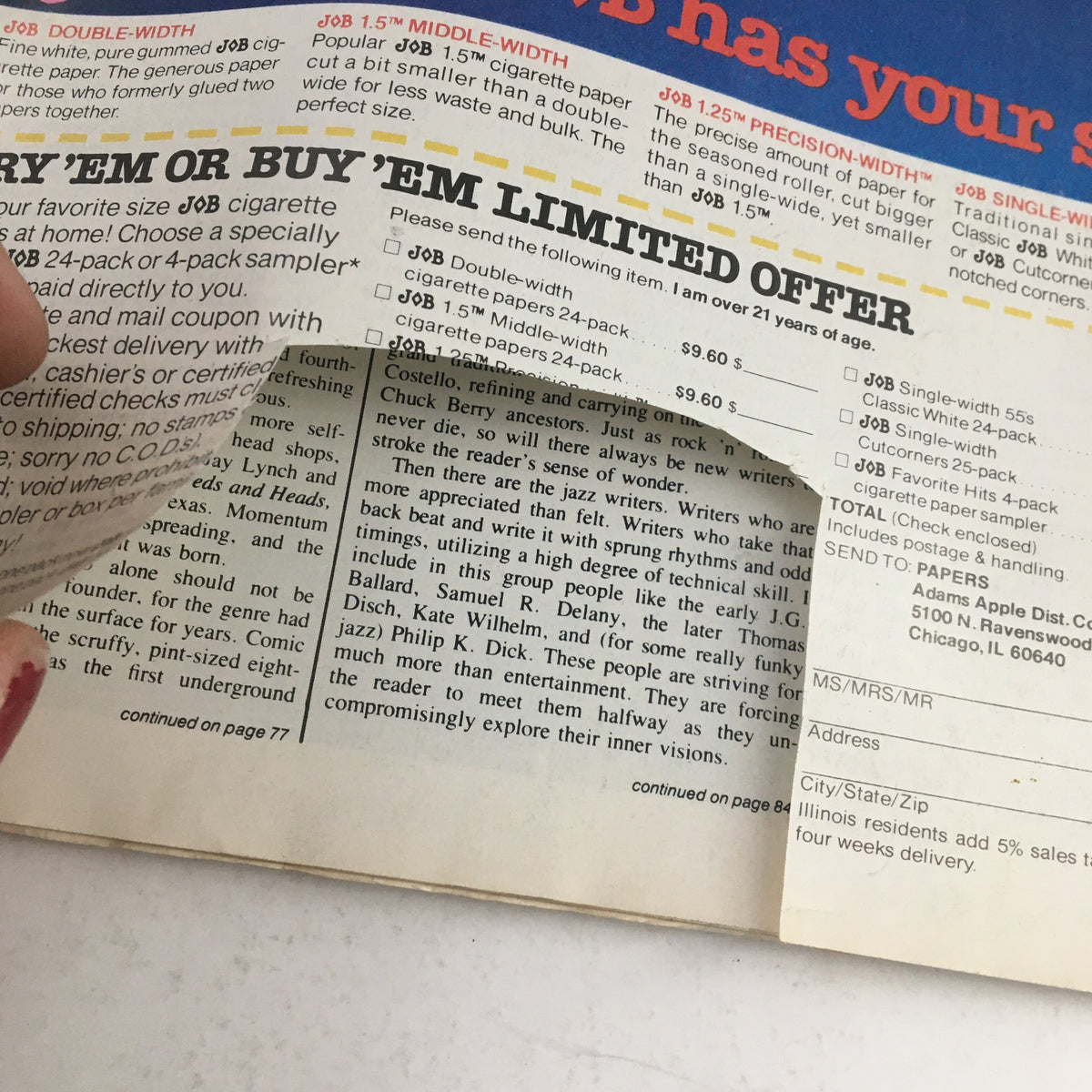 Cigarette advertisement from Heavy Metal Magazine January 1980 Part 1 Paradise Lost by John Milton, showcasing limited offer details for cigarette papers including price options.