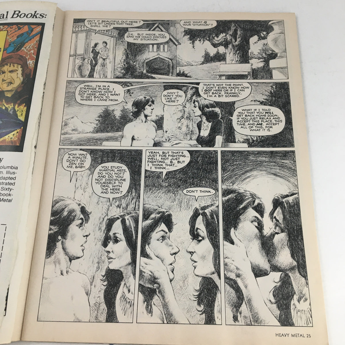 Romantic scene depicted in a comic strip from Heavy Metal Magazine January 1980 Part 1 Paradise Lost by John Milton, illustrating a conversation between two characters.