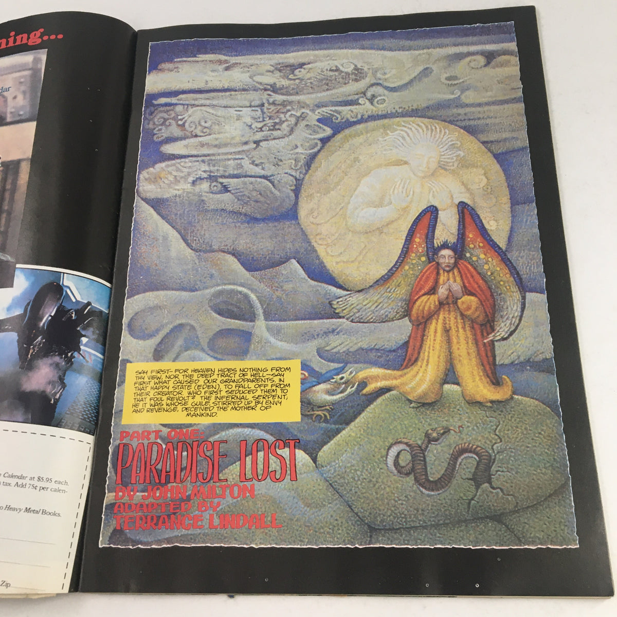 Cover page of 'Paradise Lost' segment in Heavy Metal Magazine January 1980 Part 1, featuring striking artwork adapted from John Milton, capturing the essence of the narrative.