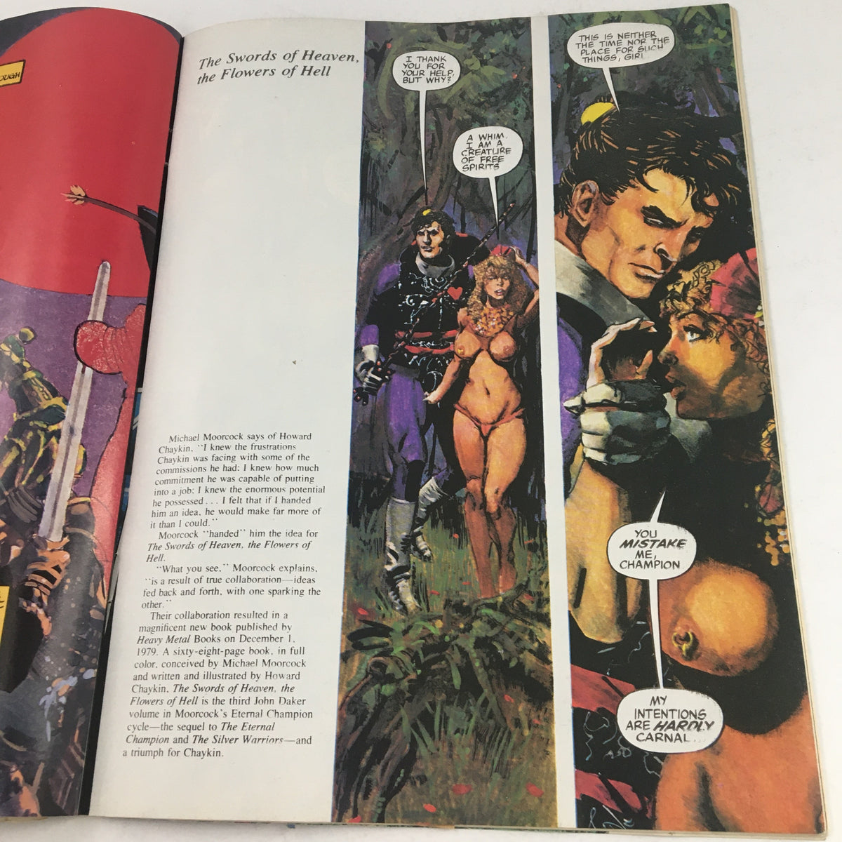 Illustration from Heavy Metal Magazine January 1980 Part 1 Paradise Lost by John Milton featuring characters amidst a fantasy setting, showcasing vibrant art and dialogue balloons.
