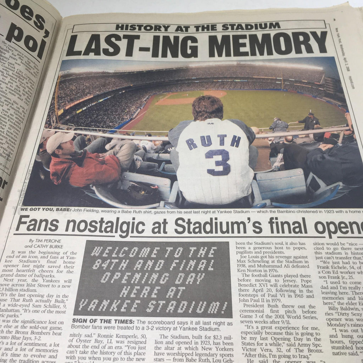 Inside page of New York Post April 2 2008 History at the Stadium Final Opening Day highlighting nostalgic fans at Yankee Stadium.