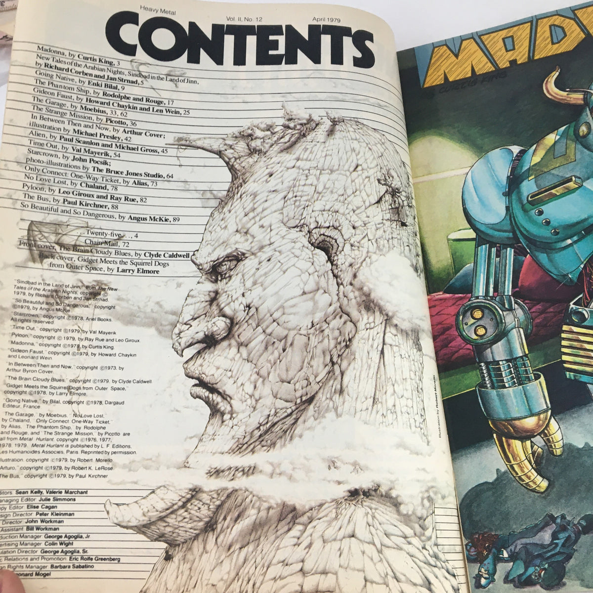 Contents page of Heavy Metal Magazine April 1979 displaying a detailed list of articles and illustrations, including a sketch of a giant face and an introduction to the issue's features.