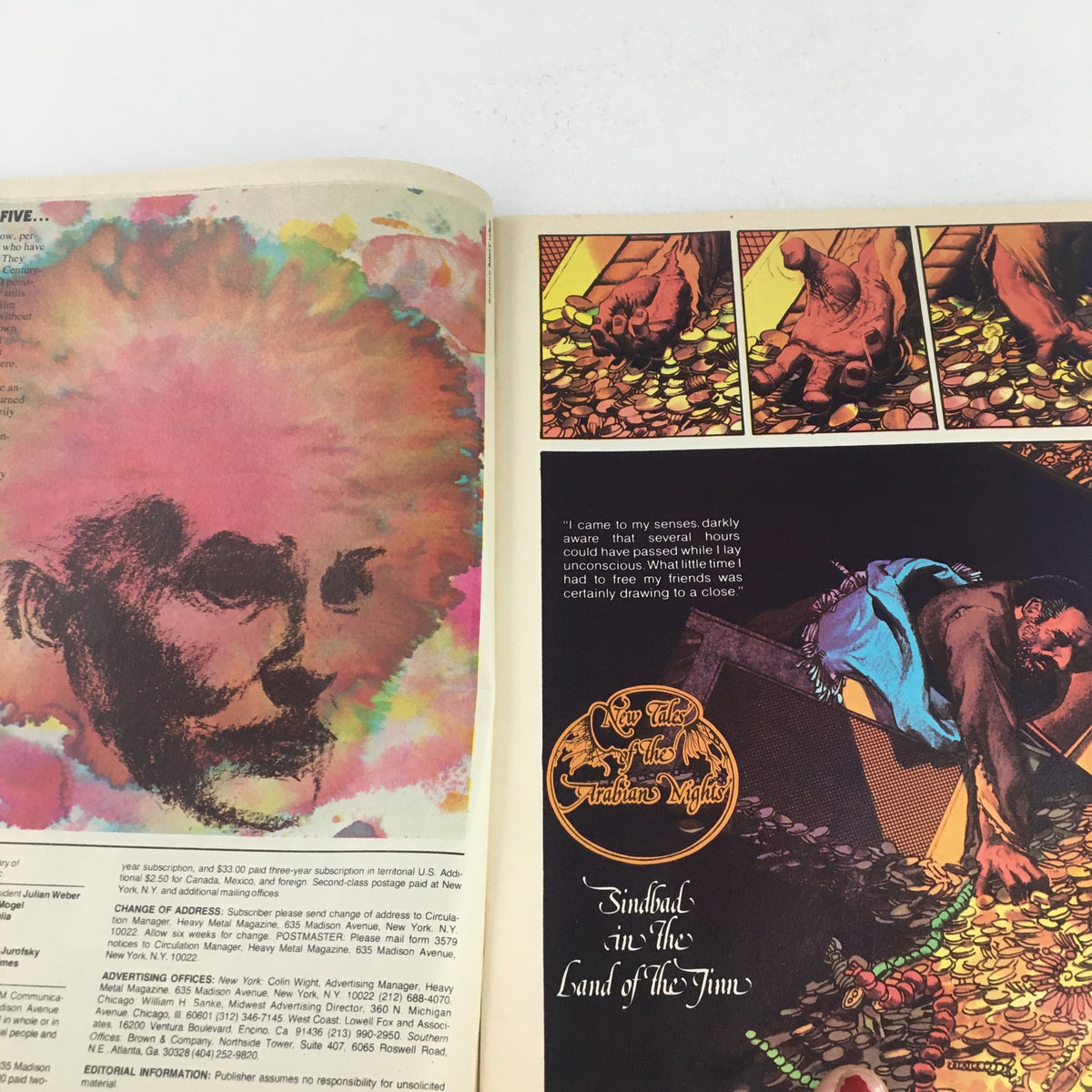 Artistic depiction from Heavy Metal Magazine April 1979 showing a colorful abstract portrait next to illustrations from 'New Tales of the Arabian Nights', showcasing the magazine’s range of imaginative stories.
