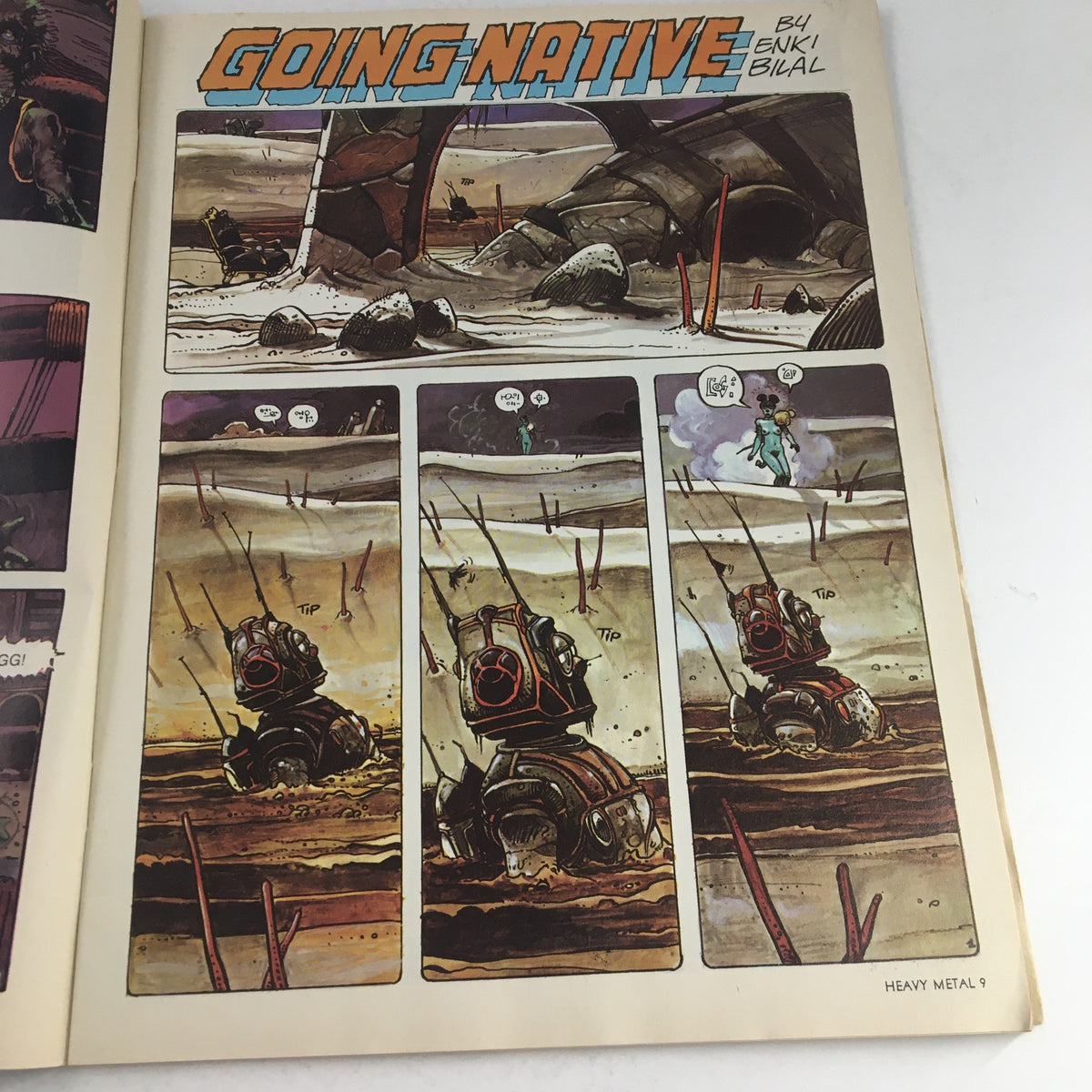 Comic strip panel from Heavy Metal Magazine April 1979 titled 'Going Native', illustrating a sci-fi theme with a character in an alien landscape, highlighting the innovative storytelling of the magazine.