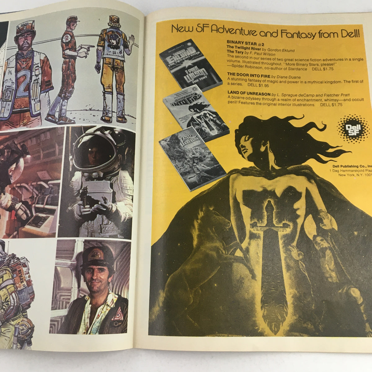 Interior page of Heavy Metal Magazine April 1979 featuring an advertisement for Dell's new science fiction and fantasy novels, highlighted by visually striking illustrations.