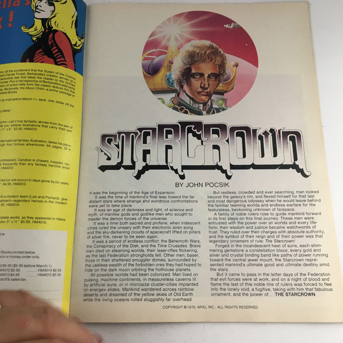 Introduction page of the 'Starcrown' story from Heavy Metal Magazine February 1979, featuring an illustration and text describing a sci-fi concept.