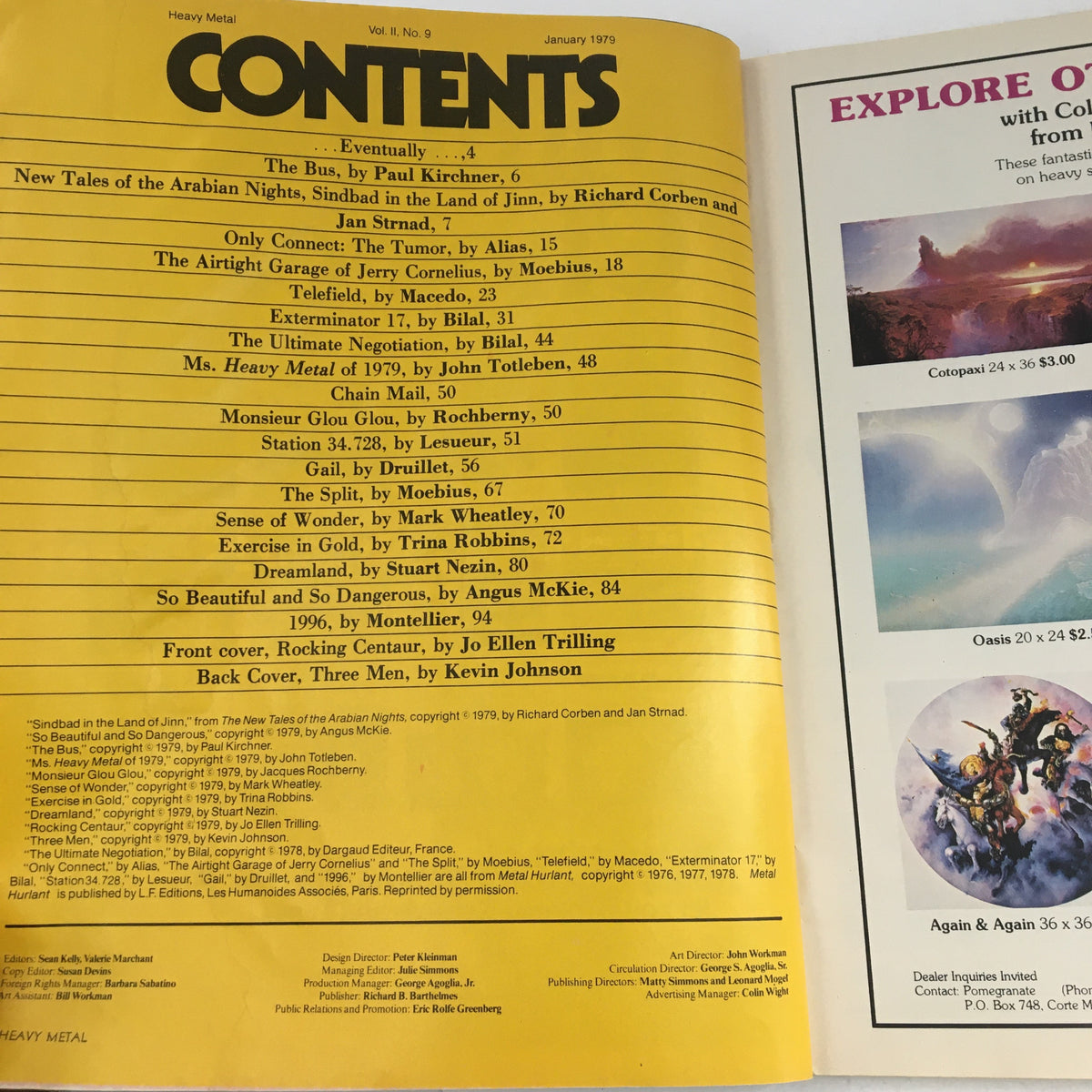 Contents page of Heavy Metal Magazine January 1979 listing featured articles and stories, including "The Ultimate Negotiation" by Bilal.