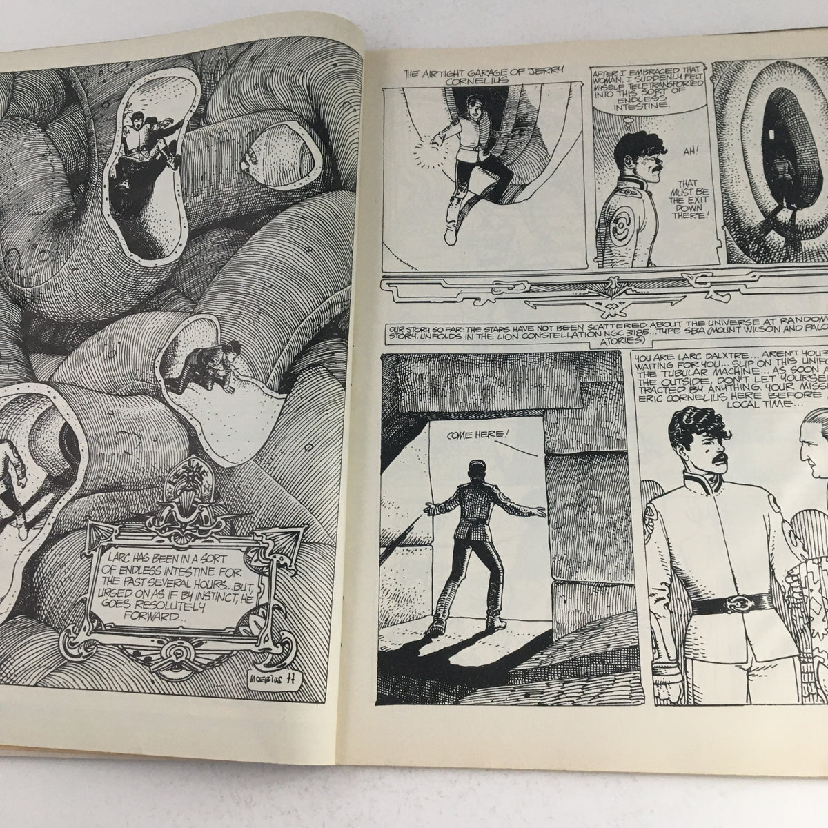 Intriguing black and white comic panels from Heavy Metal Magazine January 1979 displaying futuristic themes in 'The Airtight Garage of Jerry Cornelius' with detailed illustrations.