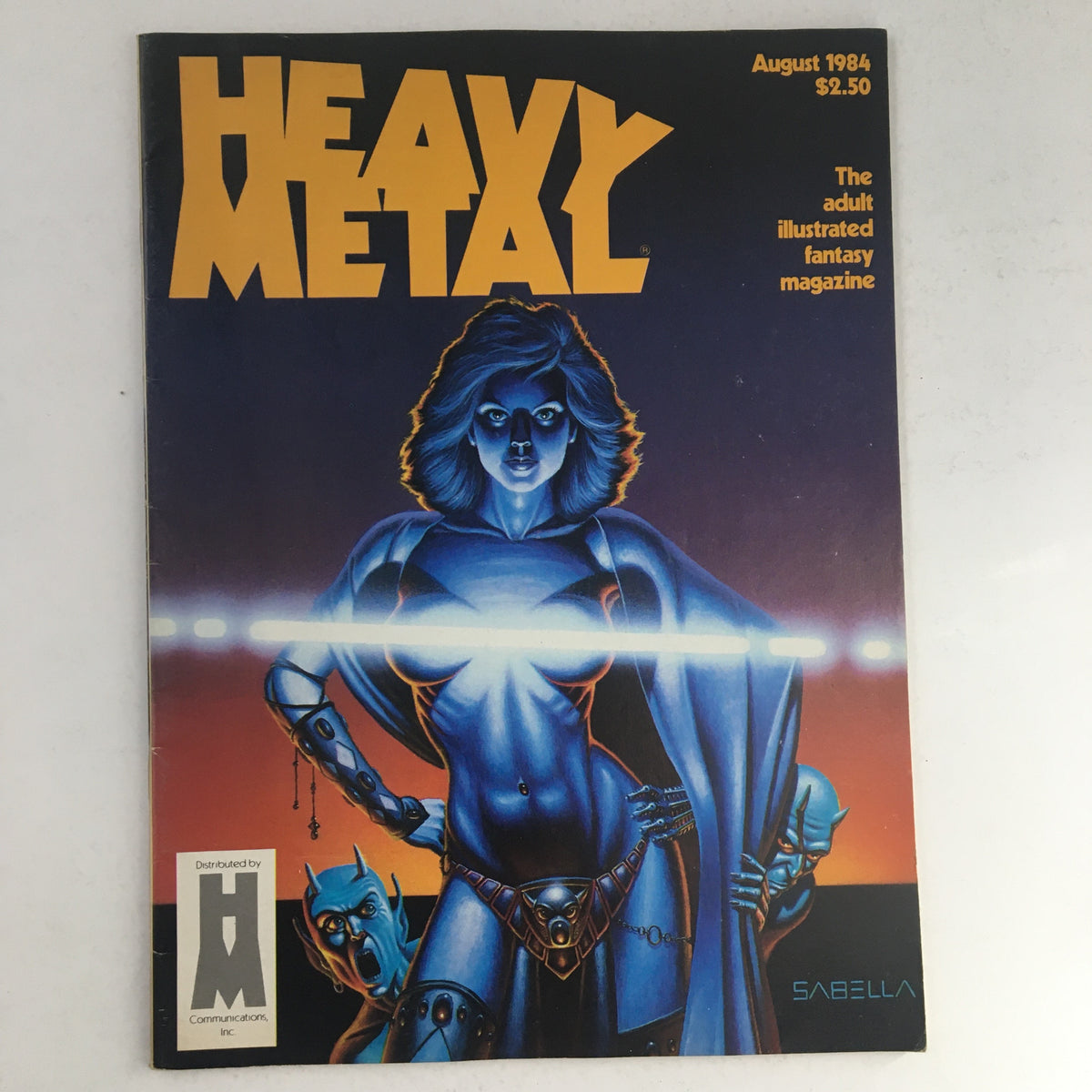 Cover of Heavy Metal Magazine August 1984 featuring 'The Sandwich Horror' by Nicola Cuti, depicting a bold female character with sci-fi elements in striking colors.