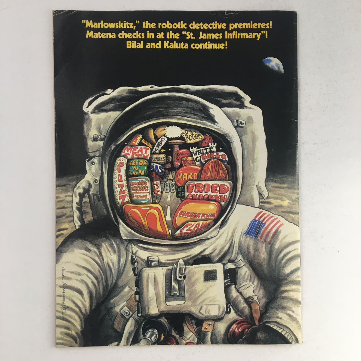 Cover of Heavy Metal Magazine May 1983 featuring 'The City that Didn't Exist' by Christin, showcasing an astronaut's helmet filled with vibrant food advertisements and playful graphics, epitomizing the creative culture of the early 1980s.