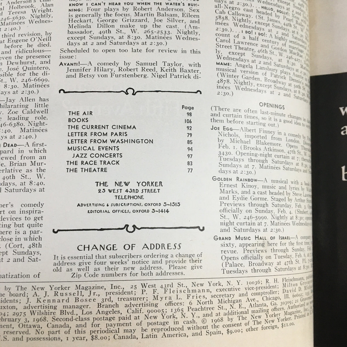 Interior page of The New Yorker Magazine February 3 1968 displaying the table of contents, featuring articles, events, and advertisements typical of its time, enhancing the vintage appeal of this collectible magazine.