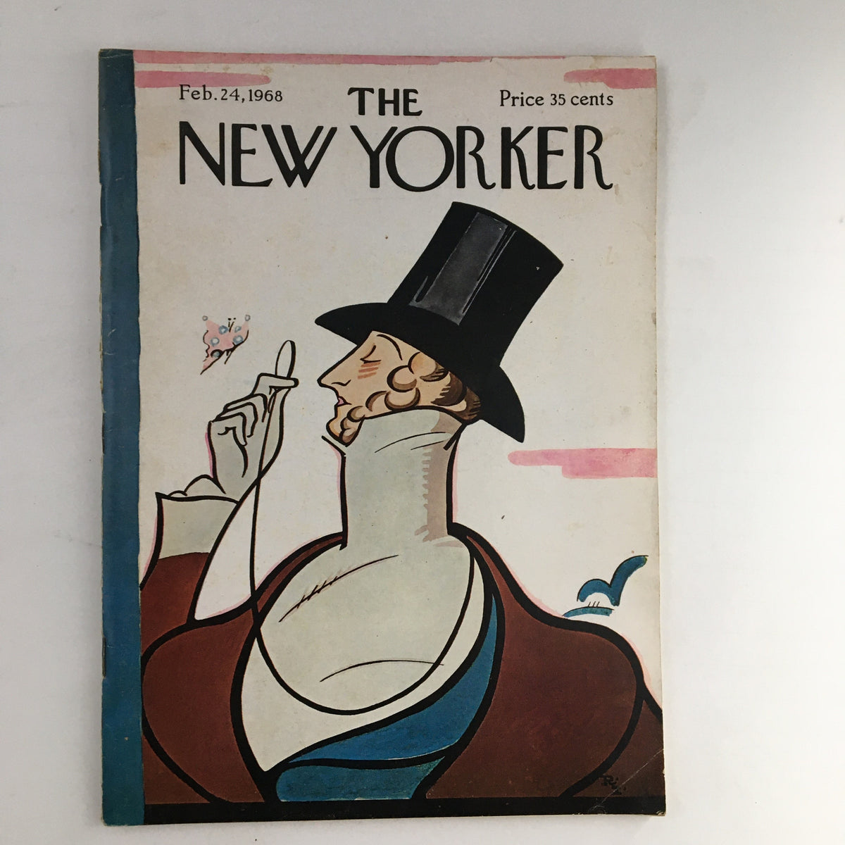 The New Yorker Magazine February 24 1968 Eustace Cover by Rea Irvin, featuring a stylized illustration of a gentleman in a top hat.
