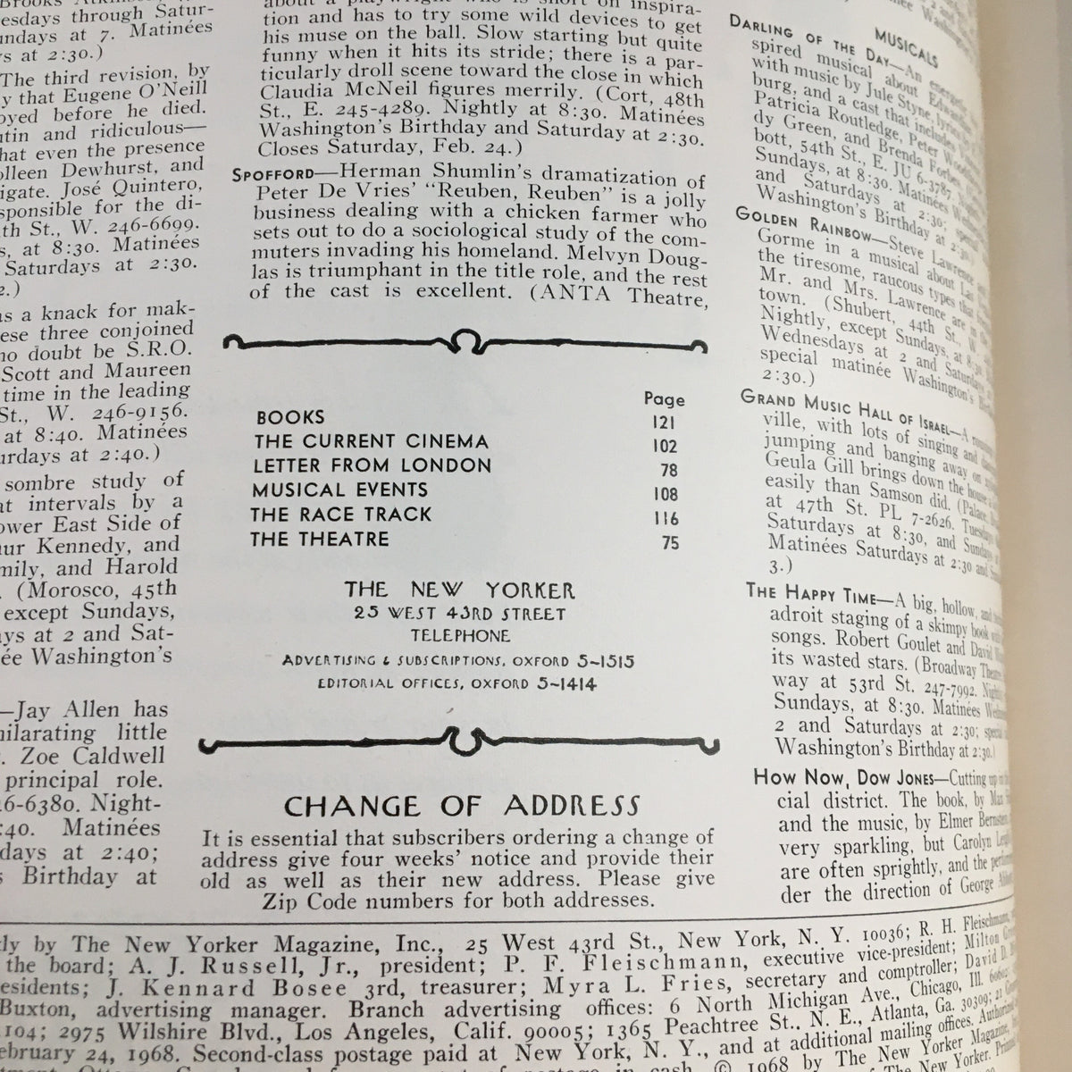 Interior page from The New Yorker Magazine February 24 1968, showcasing various content, including table of contents and advertisements.