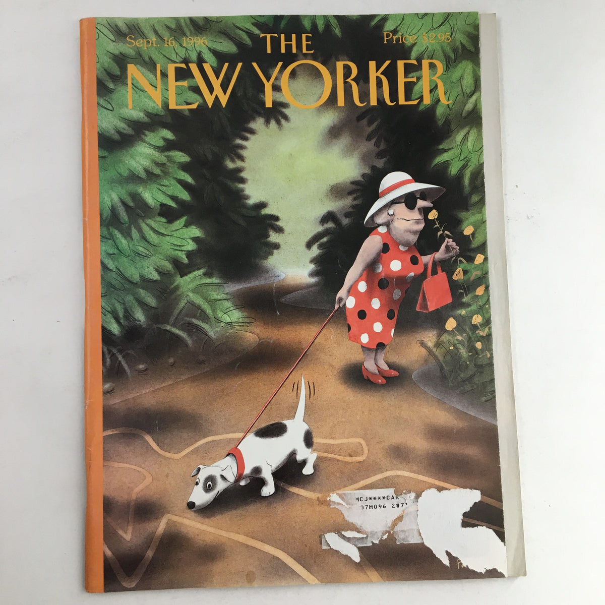 Cover of The New Yorker Magazine from September 16, 1996, featuring an illustration by Ian Falconer depicting a woman in a polka dot dress walking her dog in a lush, green setting.