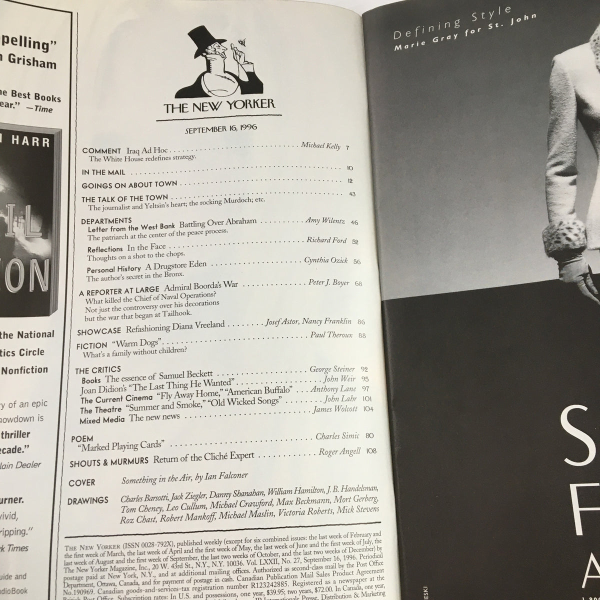 Table of contents for The New Yorker Magazine September 16 1996, featuring the article 'Something in the Air' by Ian Falconer, showcasing various sections including comments, departments, fiction, and book reviews.