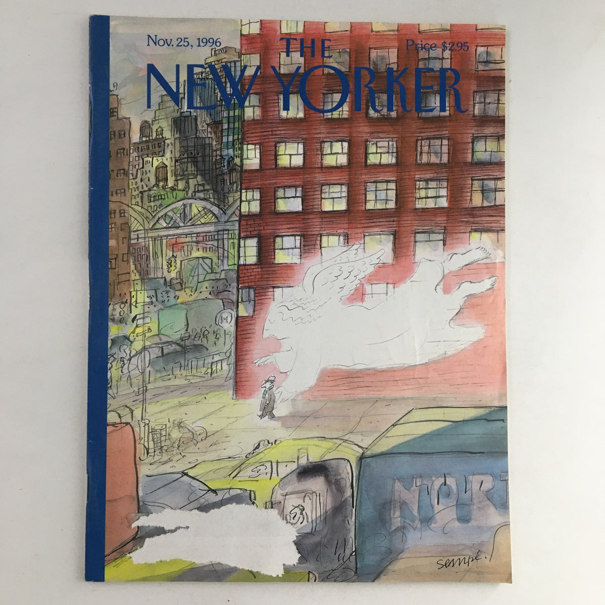 Cover of The New Yorker Magazine November 25 1996 featuring whimsical art titled Guardian Angel by Jean-Jacques Sempé, showcasing urban scene with a ghostly white lion and colorful buildings.