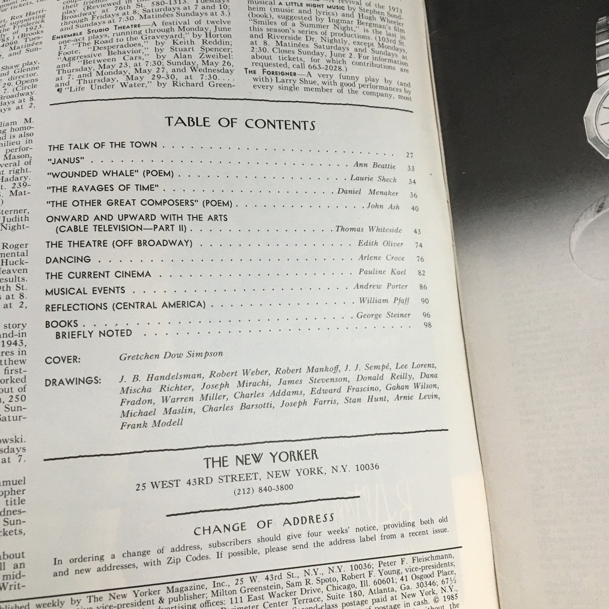 Table of contents from The New Yorker Magazine May 27 1985 Full Theme Cover by Gretchen Dow Simpson, showcasing featured articles, poems, and cover details.