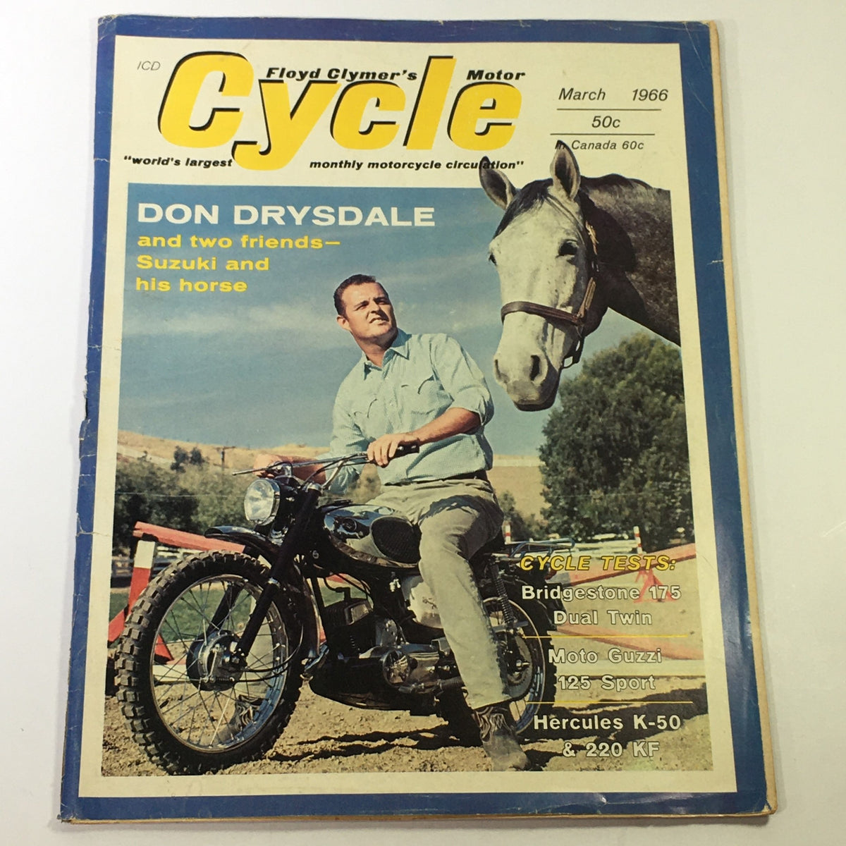 Cover of VTG Cycle Magazine March 1966 featuring Don Dysdale with Bridgestone 175 Dual Twin and a horse, showcasing vintage motorcycle culture.