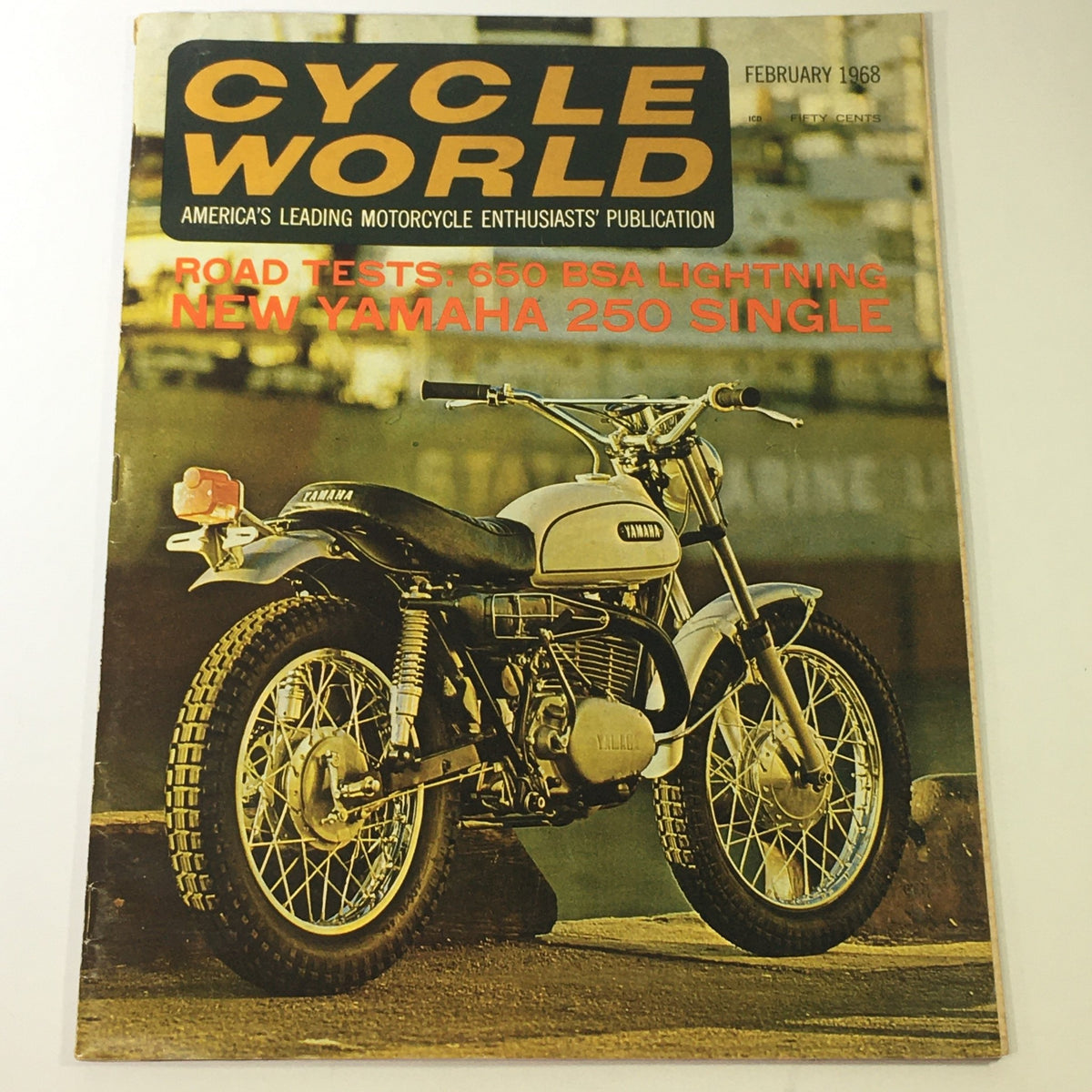 Cover of the Cycle World Magazine February 1968 featuring a 650 BSA Lightning and a New Yamaha 250 Single. The magazine showcases road tests and motorcycle culture from the 1960s.