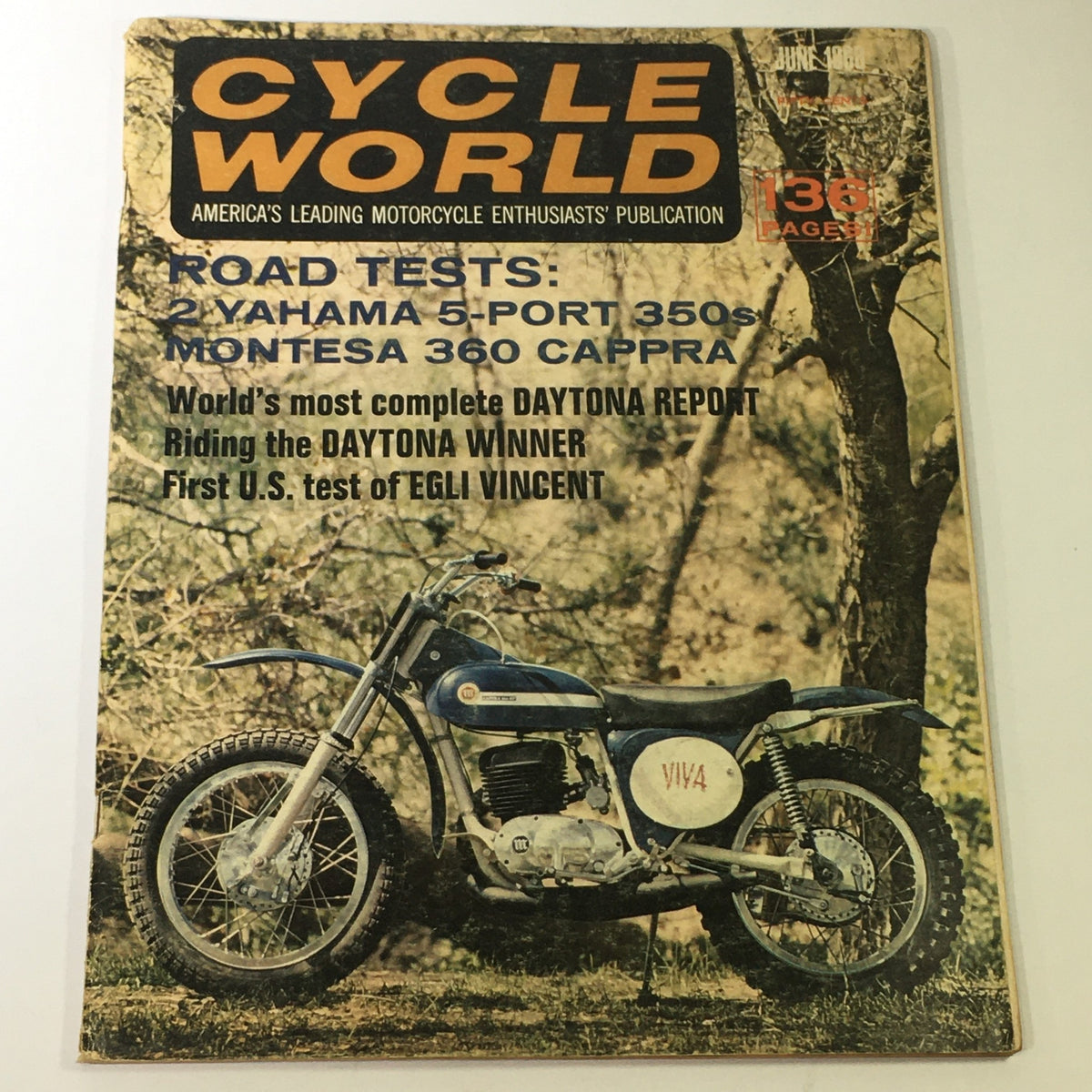 Cover of VTG Cycle World Magazine June 1968 featuring Yamaha 5-Port 350s and Montesa 360 Cappra, highlighting motorcycle road tests and events from the era.
