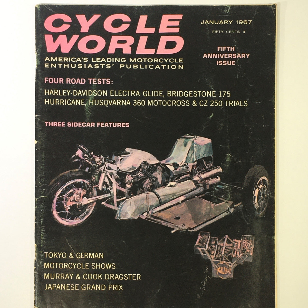 Cover of VTG Cycle World Magazine from January 1967 featuring Harley-Davidson Electra Glide, CZ 250, and motorcycle testing articles; fifth anniversary issue.