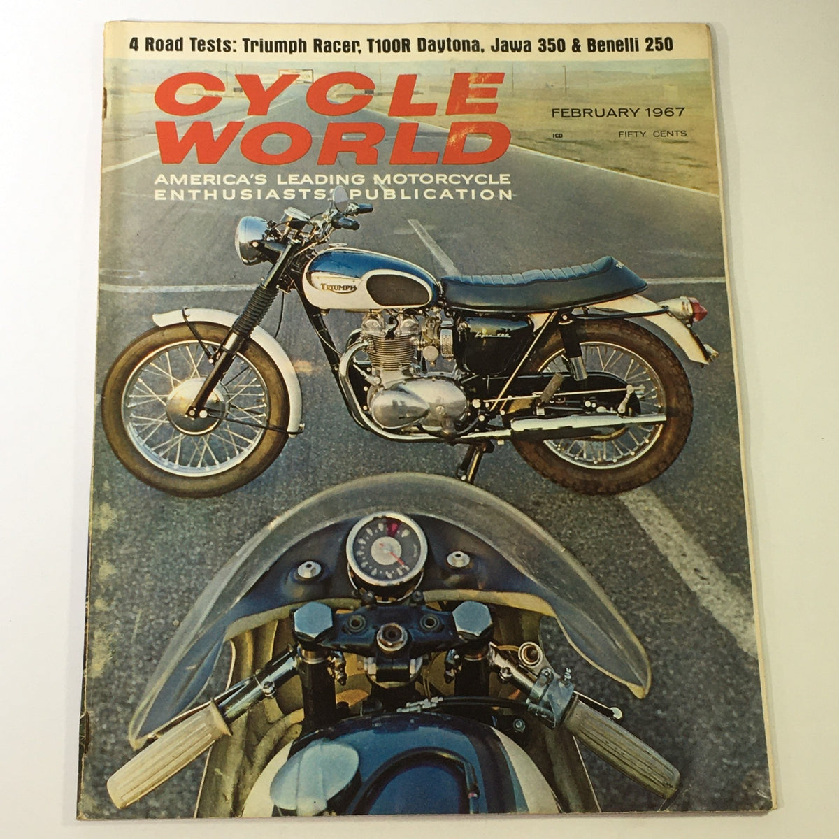 Cover of Cycle World Magazine February 1967, featuring the Triumph Racer T100R Daytona and Jawa 350, showcasing vintage motorcycle culture with a classic design.