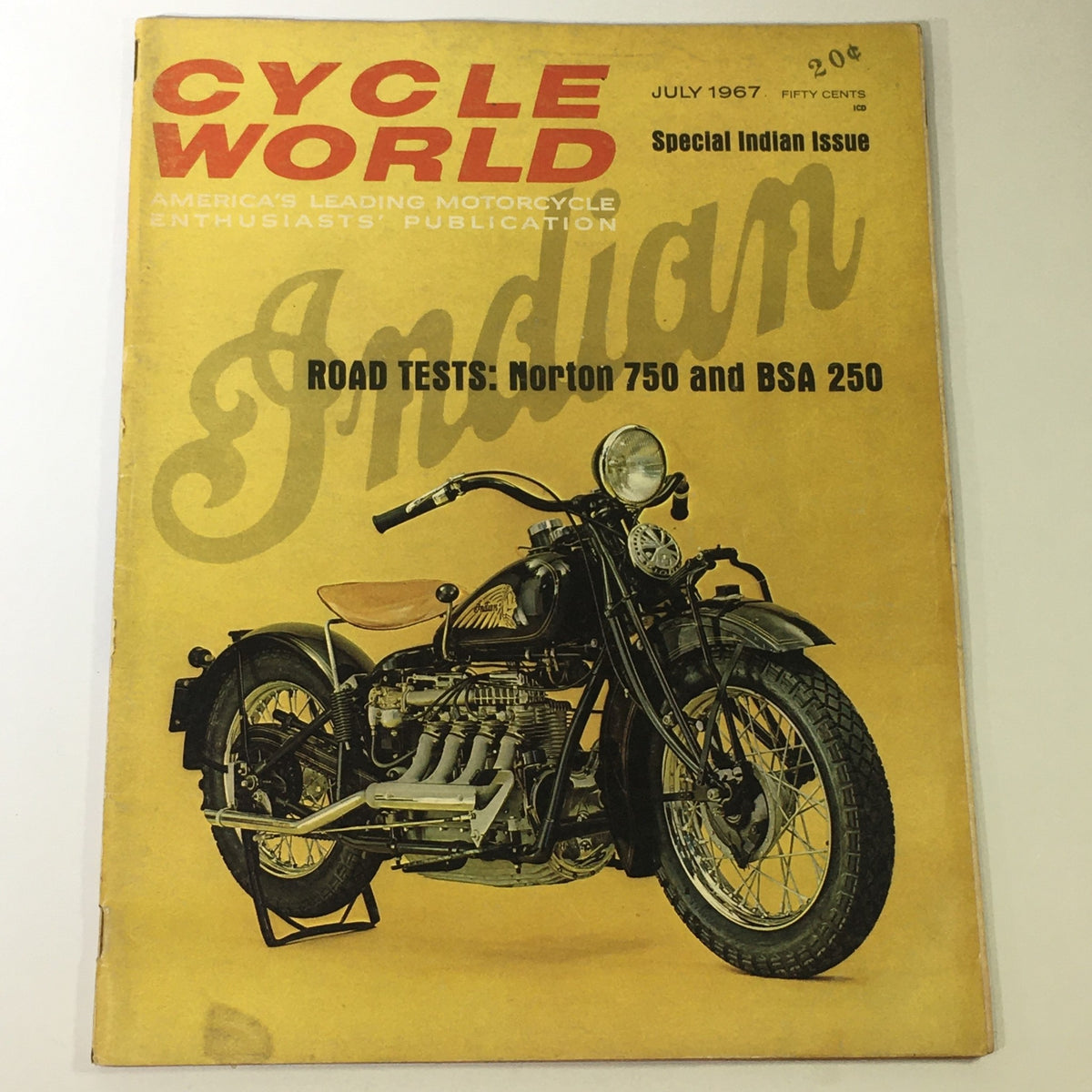 Cover of Cycle World Magazine from July 1967 featuring road tests of Norton 750 and BSA 250, showcasing a vintage motorcycle on a yellow background with the title prominently displayed.