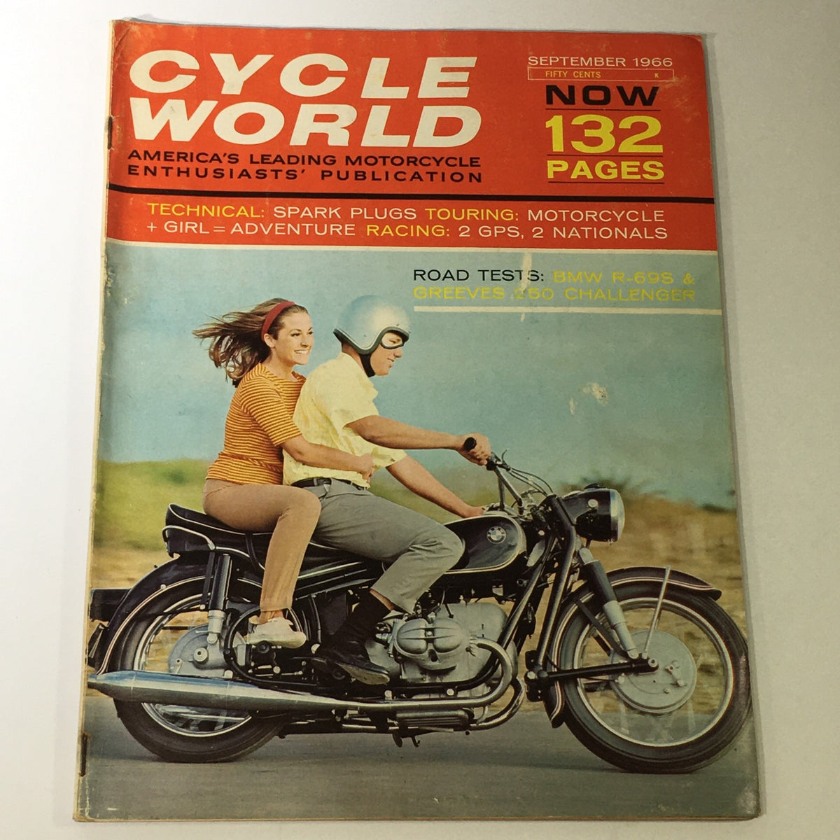 Cover of VTG Cycle World Magazine September 1966 featuring a BMW R-69S motorcycle and a Greeves 250 Challenger, showcasing a couple riding on the motorcycle.