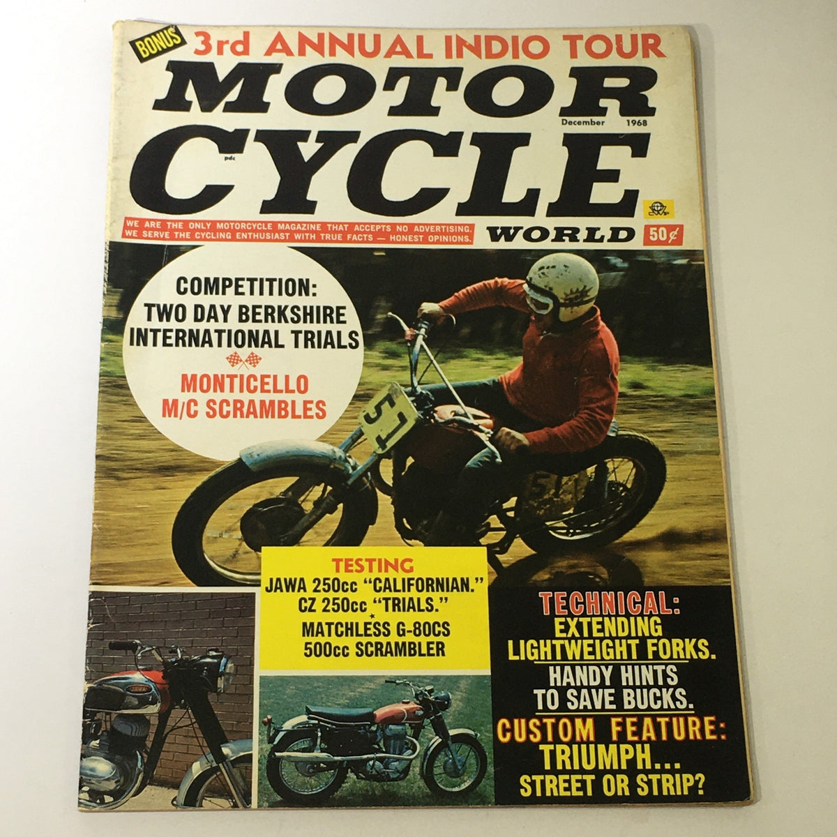 Cover of the VTG Motor Cycle World Magazine December 1968 featuring Jawa 250cc and CZ 250cc testing. Highlights include motorcycle competitions and technical features with vibrant images and engaging layout.