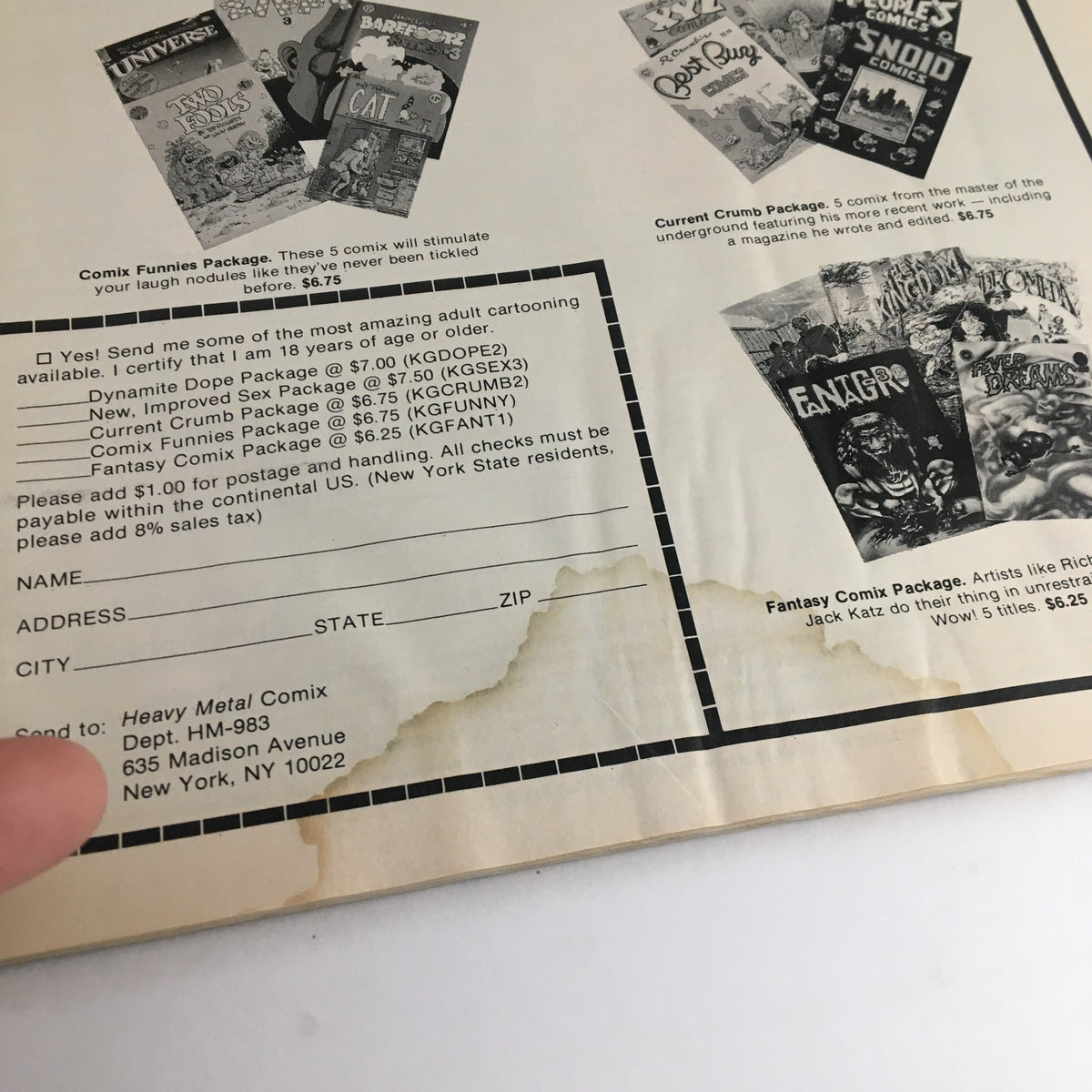 Subscription sleeve from Heavy Metal Magazine September 1983 listing various available comix packages and pricing.