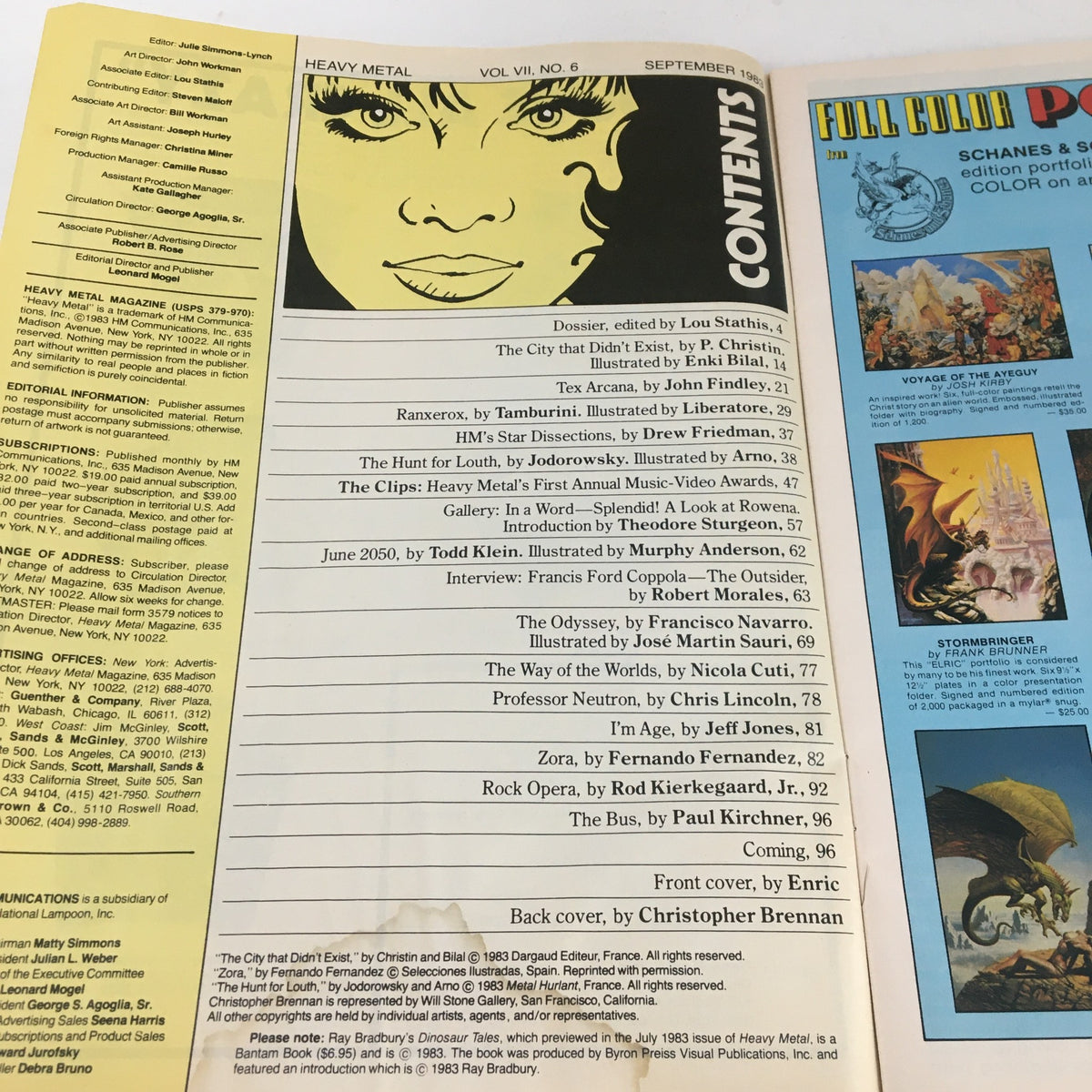 Contents page of Heavy Metal Magazine September 1983, displaying articles and illustrations with a striking bold layout.