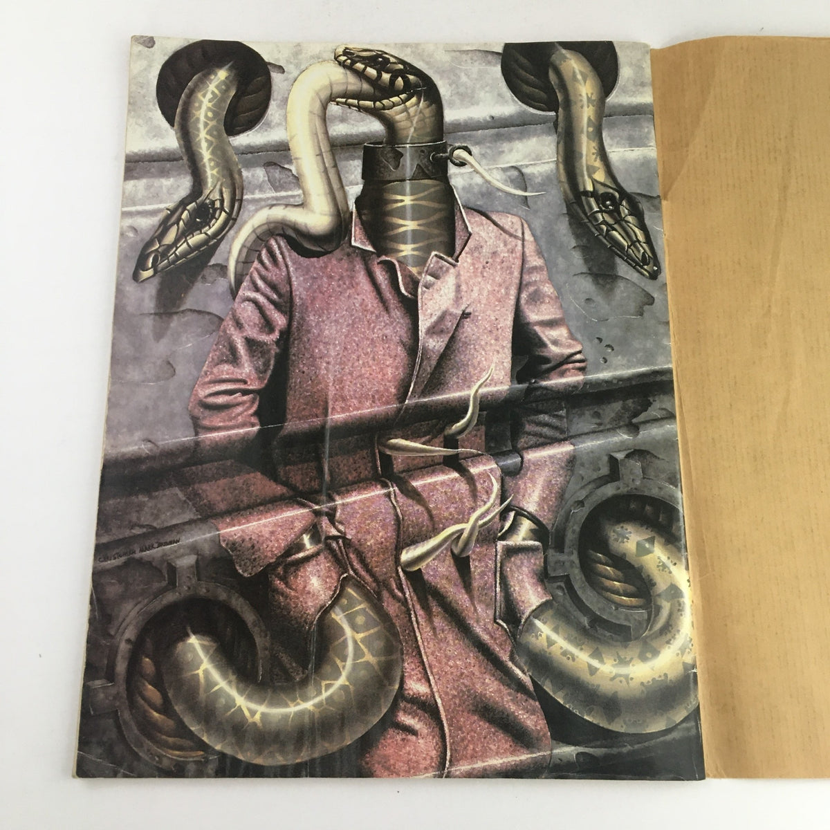 Cover art of Heavy Metal Magazine September 1983 featuring 'The Hunt for Louth' by Jodorowsky, depicting a surreal figure with snakes and a coat.