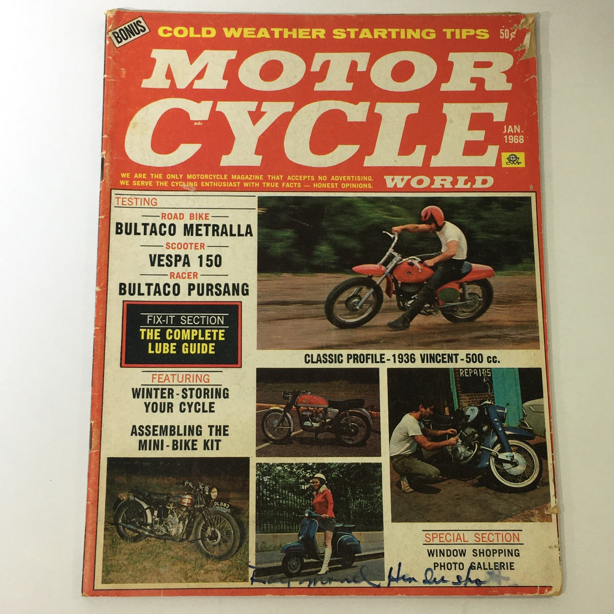 Vintage Motor Cycle World Magazine cover from January 1968 featuring Bultaco Metralla and Pursang tests, showcasing motorcycle technology and culture of the 1960s.