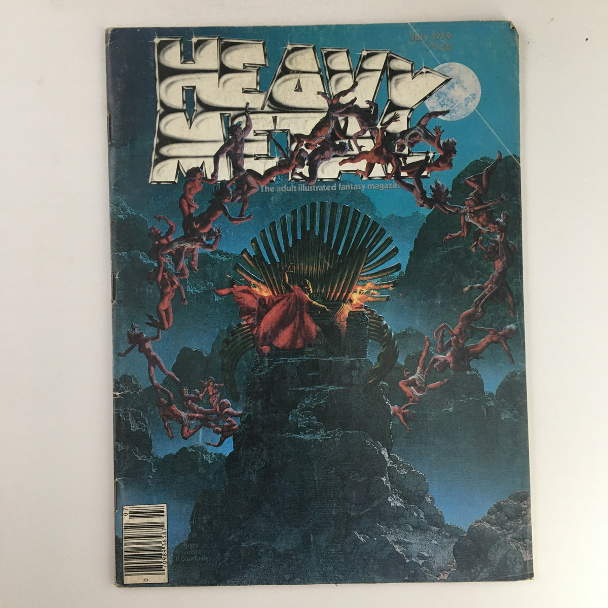 Cover of Heavy Metal Magazine July 1979 featuring 'The Airtight Garage of Jerry Cornelius' artwork, showcasing vibrant fantasy elements and surreal imagery.