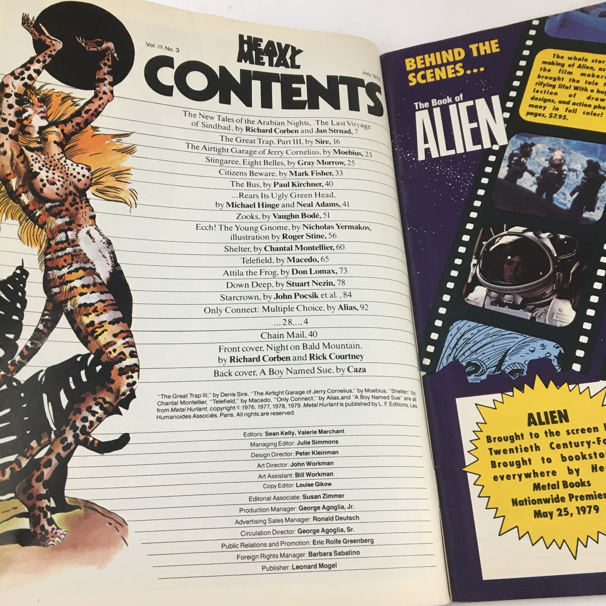 Contents page of Heavy Metal Magazine July 1979, detailing comic stories and artists, including 'The Airtight Garage of Jerry Cornelius,' complemented by striking illustrations.