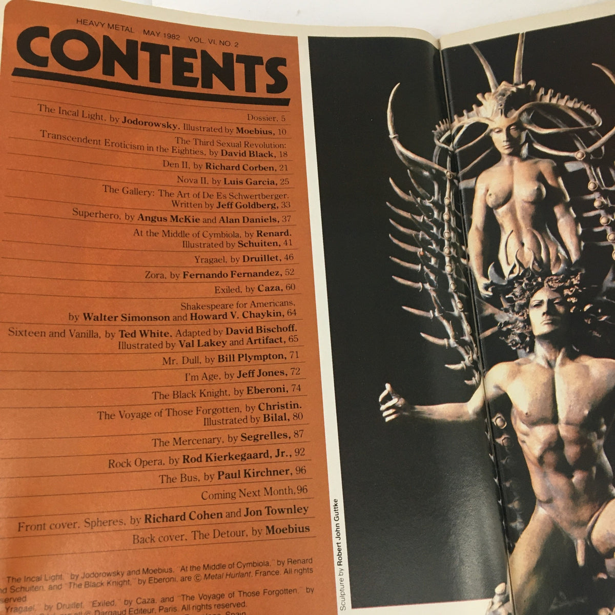 Contents page of Heavy Metal Magazine May 1982 highlighting featured articles and illustrations, showing the creative contributions of various artists and writers.
