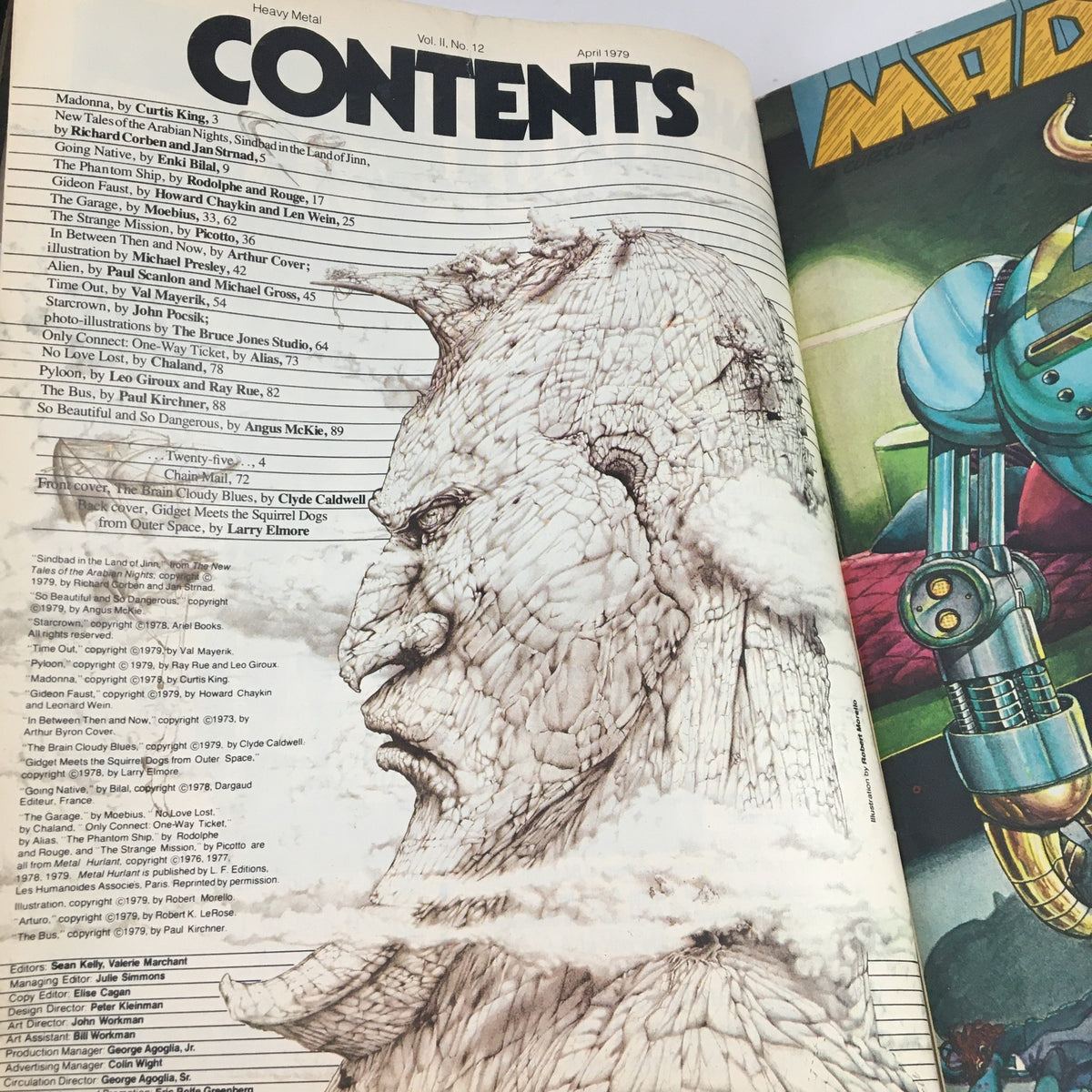 Contents page of Heavy Metal Fantasy Magazine April 1979 showcasing contributions and illustrations from various artists.