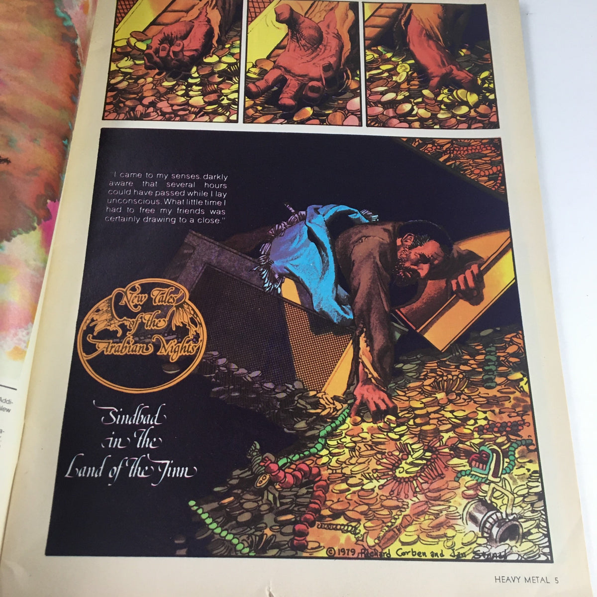 Page from Heavy Metal Fantasy Magazine April 1979 featuring a segment from 'New Tales of the Arabian Nights' with a vivid illustration of Sinbad.