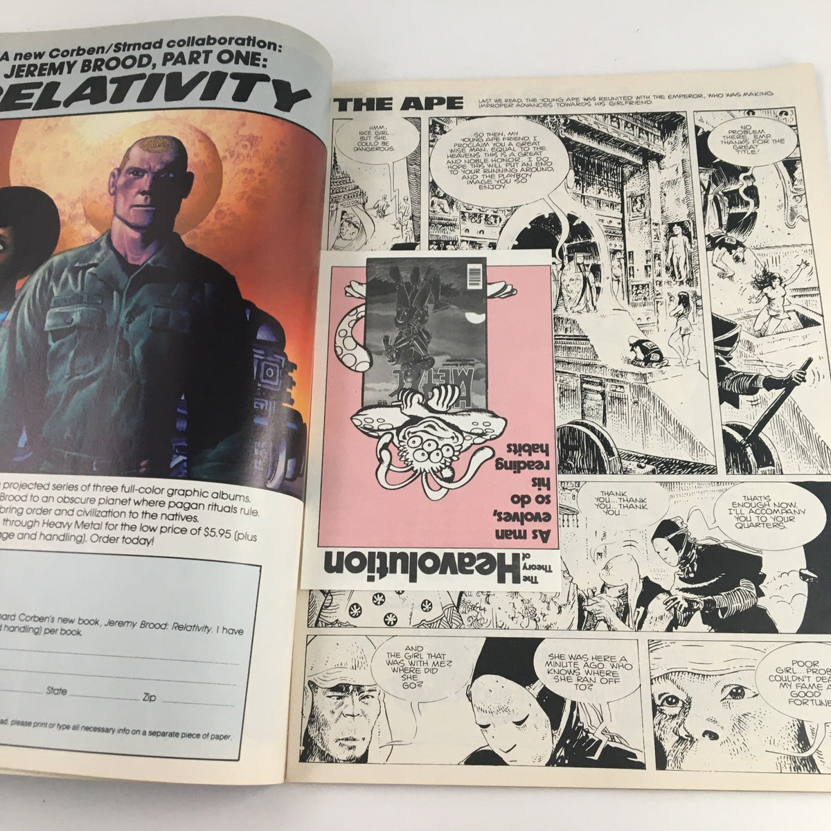 Inside look at Heavy Metal Magazine February 1983 highlighting the graphic series 'Relativity' and 'The Ape', capturing the unique artistic styles that define the publication's legacy.