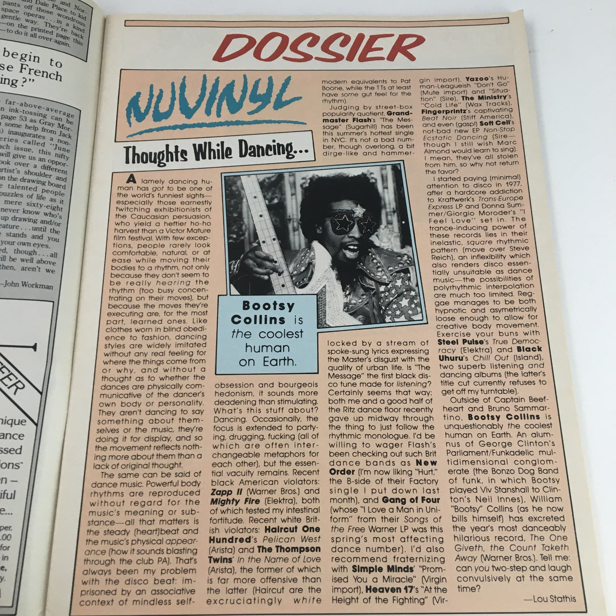 Heavy Metal Magazine November 1982 article featuring Bootsy Collins with the title 'Dossier: Thoughts While Dancing...' showcasing the influence of dance music culture.