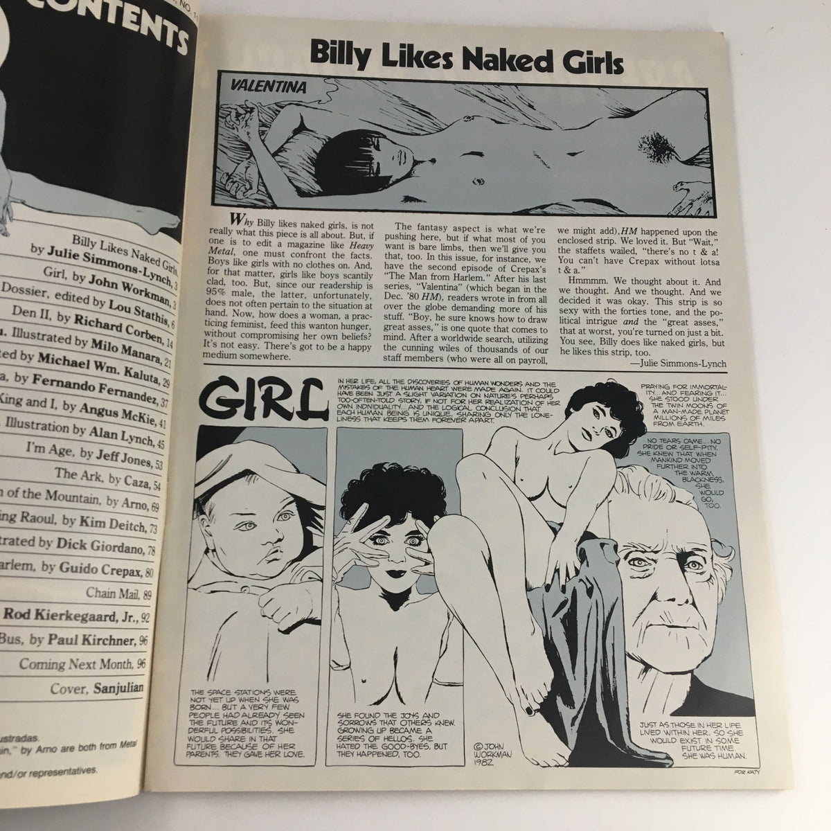 Interior page from Heavy Metal Magazine February 1983 featuring the article 'Billy Likes Naked Girls' with illustrations, highlighting the provocative content typical of the magazine.