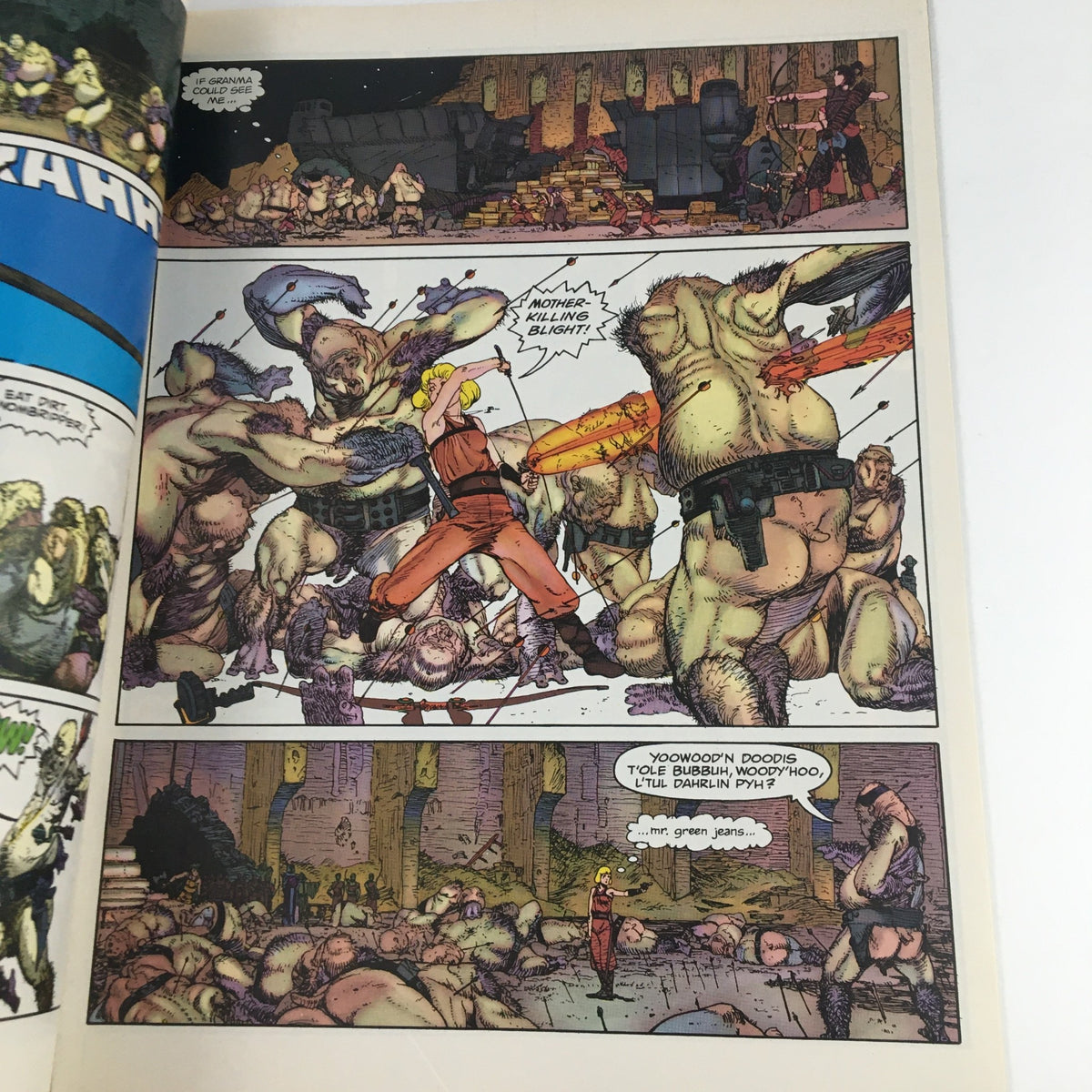 Comic panel from Heavy Metal Magazine February 1983 featuring the artwork of Guido Crepax depicting an action scene with a character confronting large creatures, representing 'The Man From Harlem' storyline.