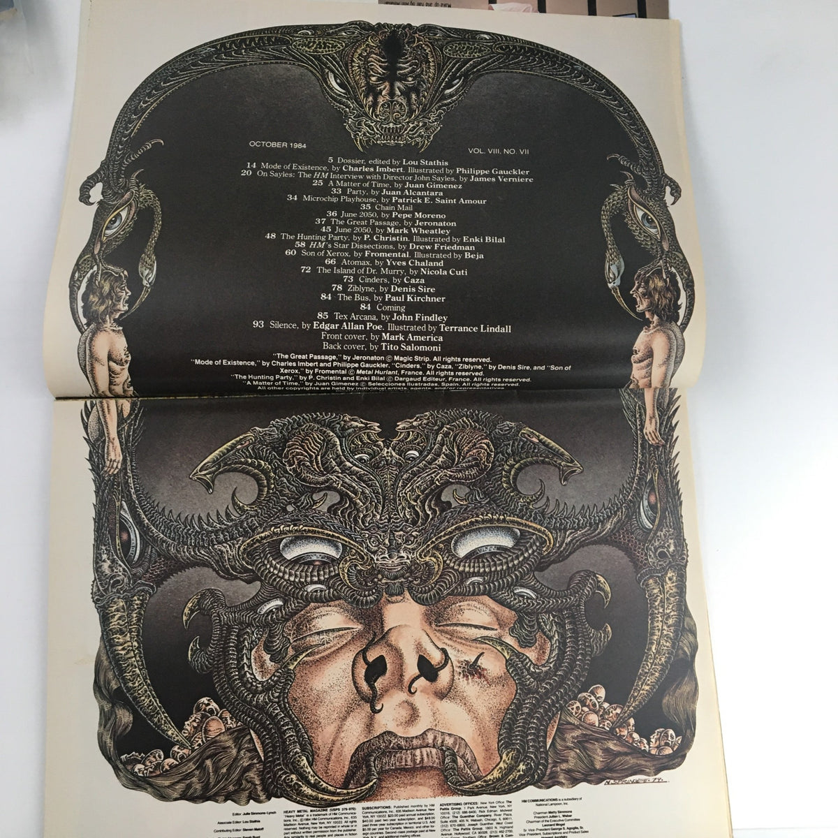 Page from Heavy Metal Magazine October 1984 featuring the table of contents and artwork, showcasing the extraordinary tale of The Great Passage by Jeronaton.