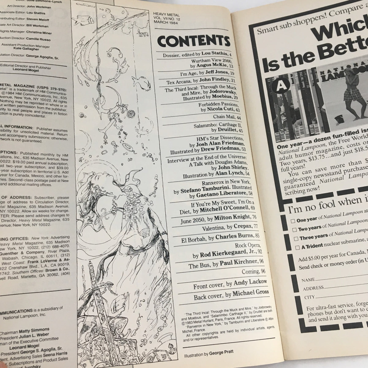 Inside page of Heavy Metal Magazine March 1984 displaying the table of contents and intricate artwork, highlighting the diverse stories and illustrations featured in this vintage issue.