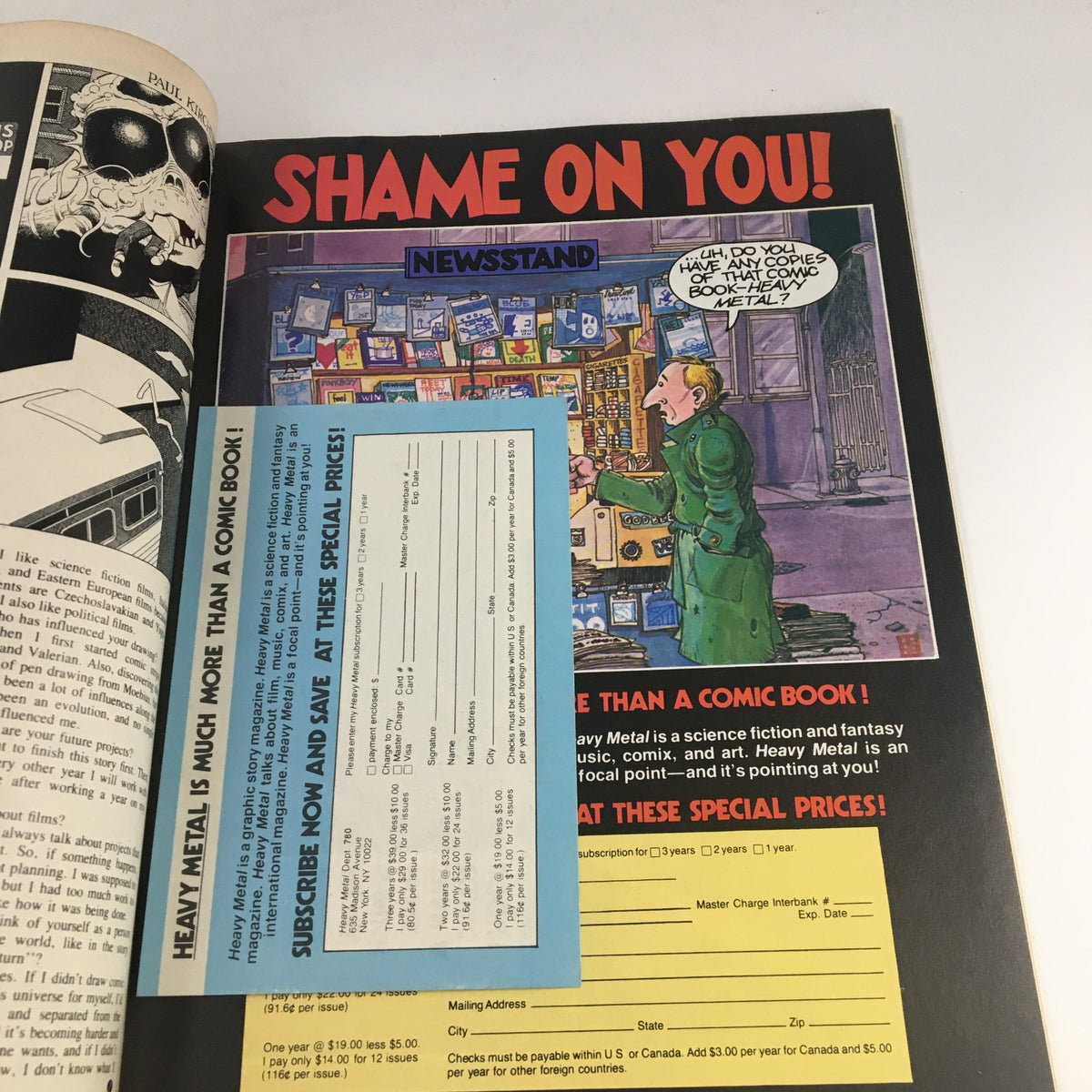 Inside view of Heavy Metal Magazine July 1980, showcasing the comic advertisement page titled 'Shame on You!' featuring a humorous interaction about comic books.