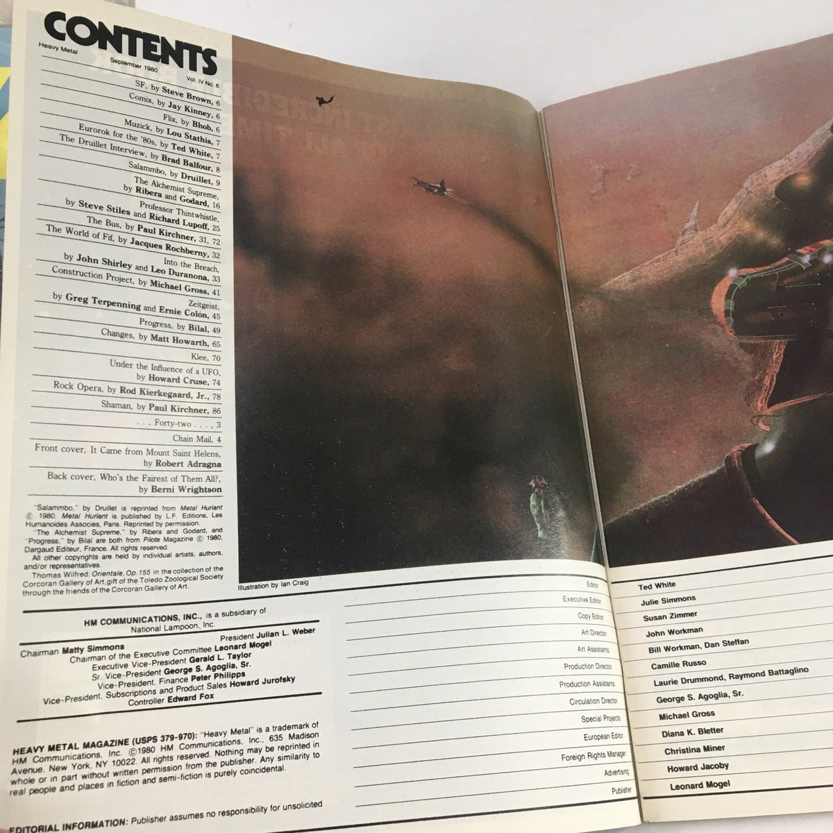 Table of contents from Heavy Metal Magazine September 1980, listing articles and illustrations featured in that issue, emphasizing its diverse content.