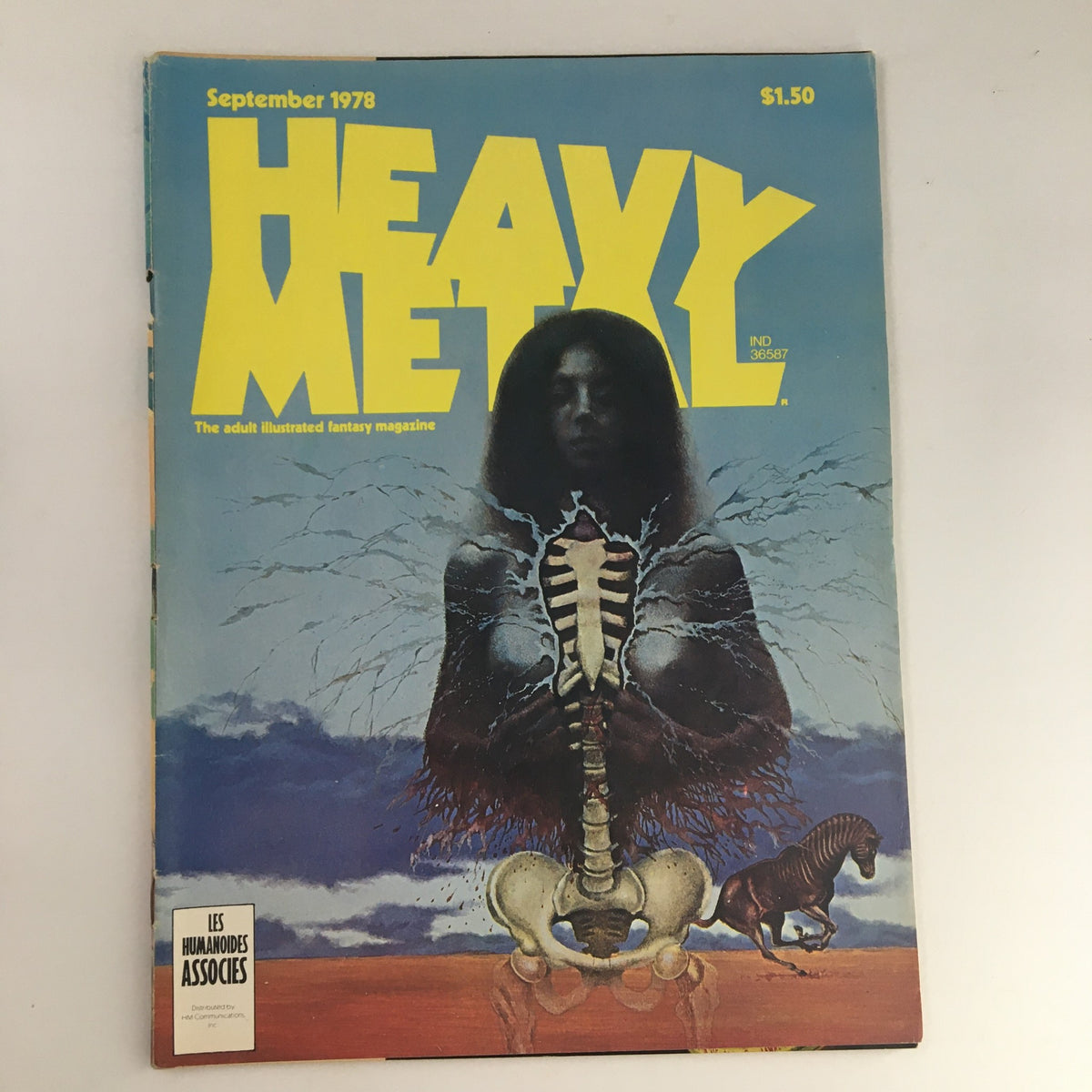 Cover of Heavy Metal Magazine September 1978 featuring striking art by Jim Burns, depicting a figure with a skeletal design against a surreal background.
