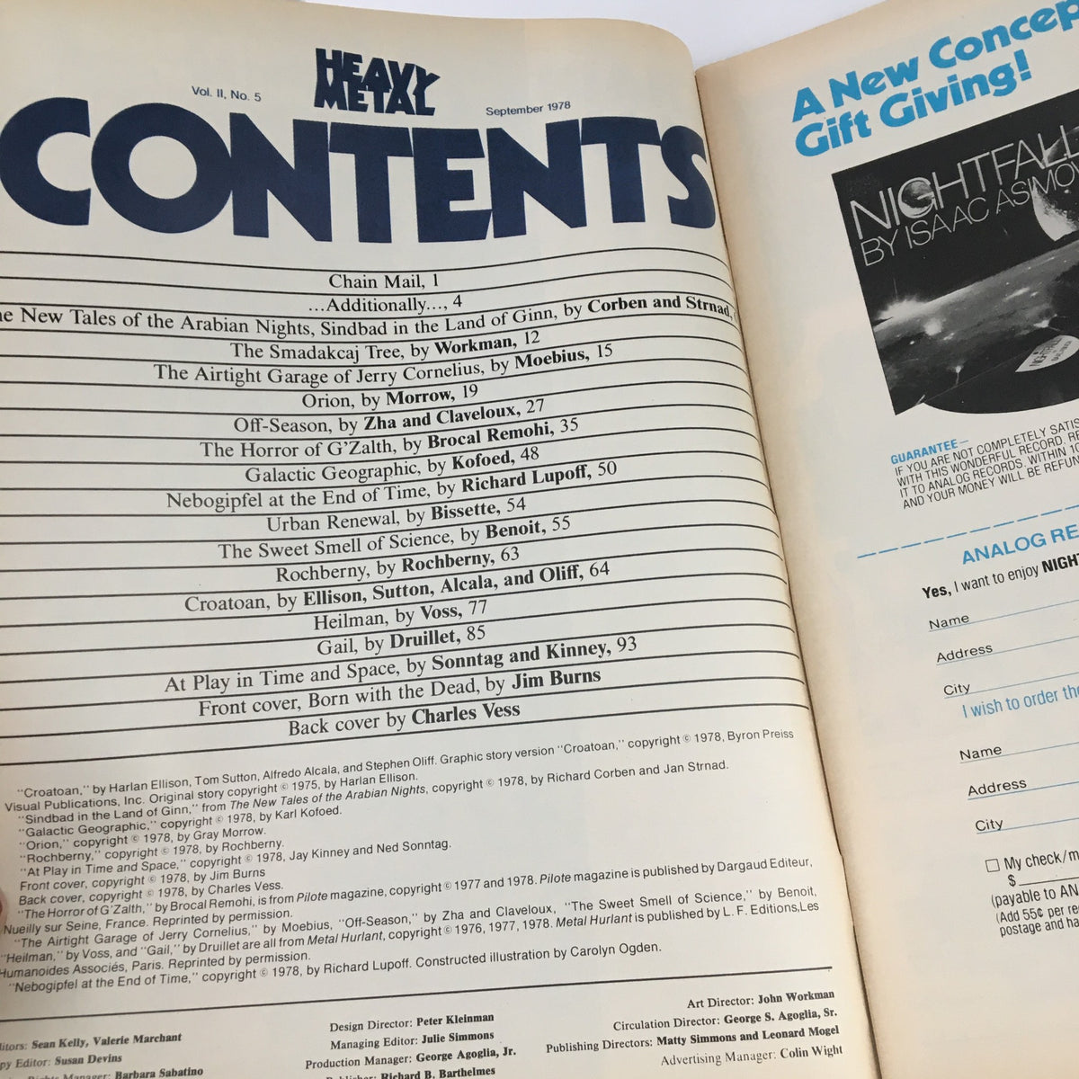 Contents page of Heavy Metal Magazine September 1978, showcasing a list of featured stories and artists, including the narrative 'Born with the Dead' by Jim Burns.